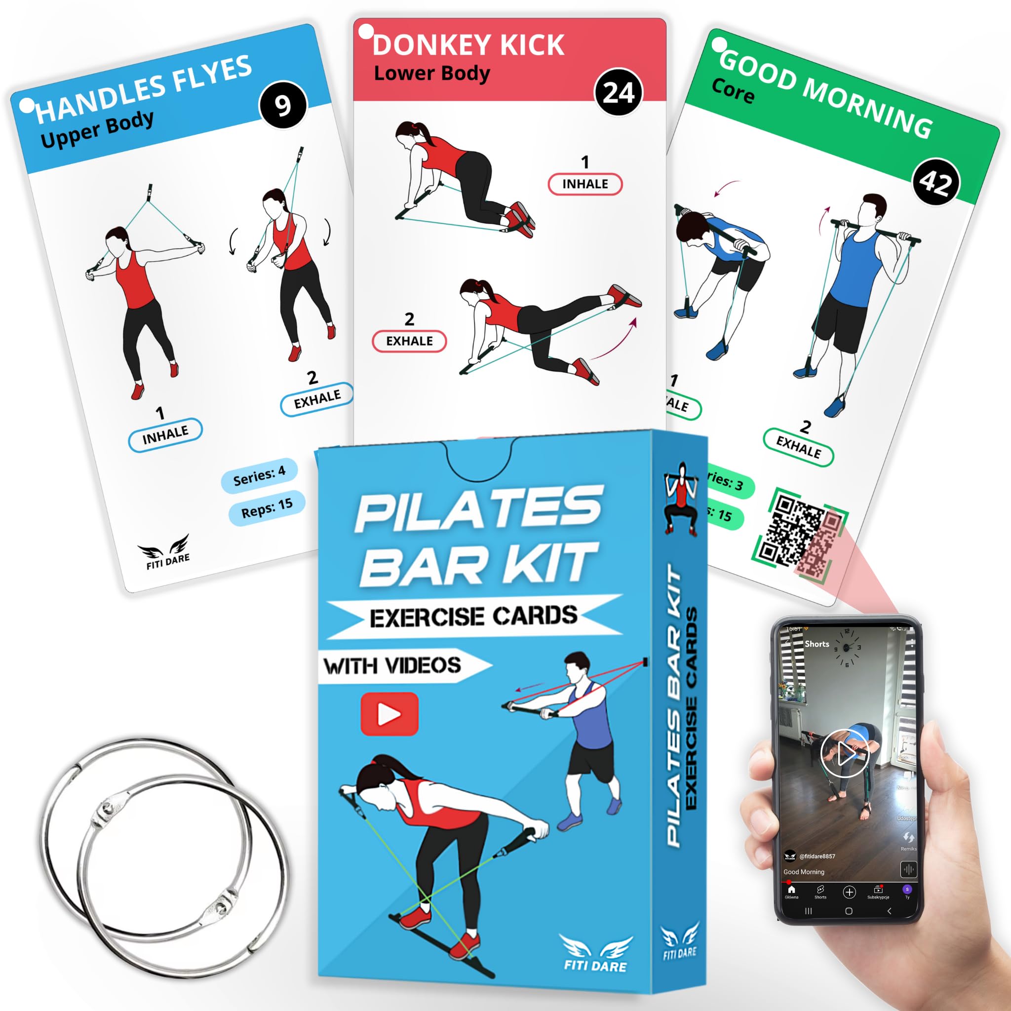 Pilates Bar Kit Workout Cards – 56 Exercise Cards with Videos, Illustrations, Breathing Tips, and Instructions for Women & Men – Includes 2 Rings and Customizable Home Workout Planner Charts