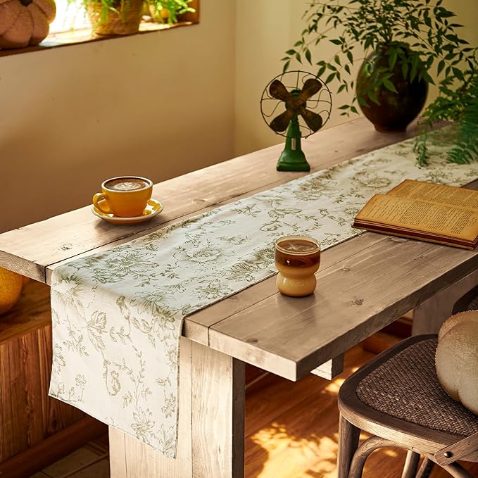 Floral Linen Table Runner for Kitchen Farmhouse Table Cloth with Sage Flower Print 13 x 108 Inch Beige Linen Blend Cloth for Kitchen Dining Table Indoor Outdoor Decor 1 Panel