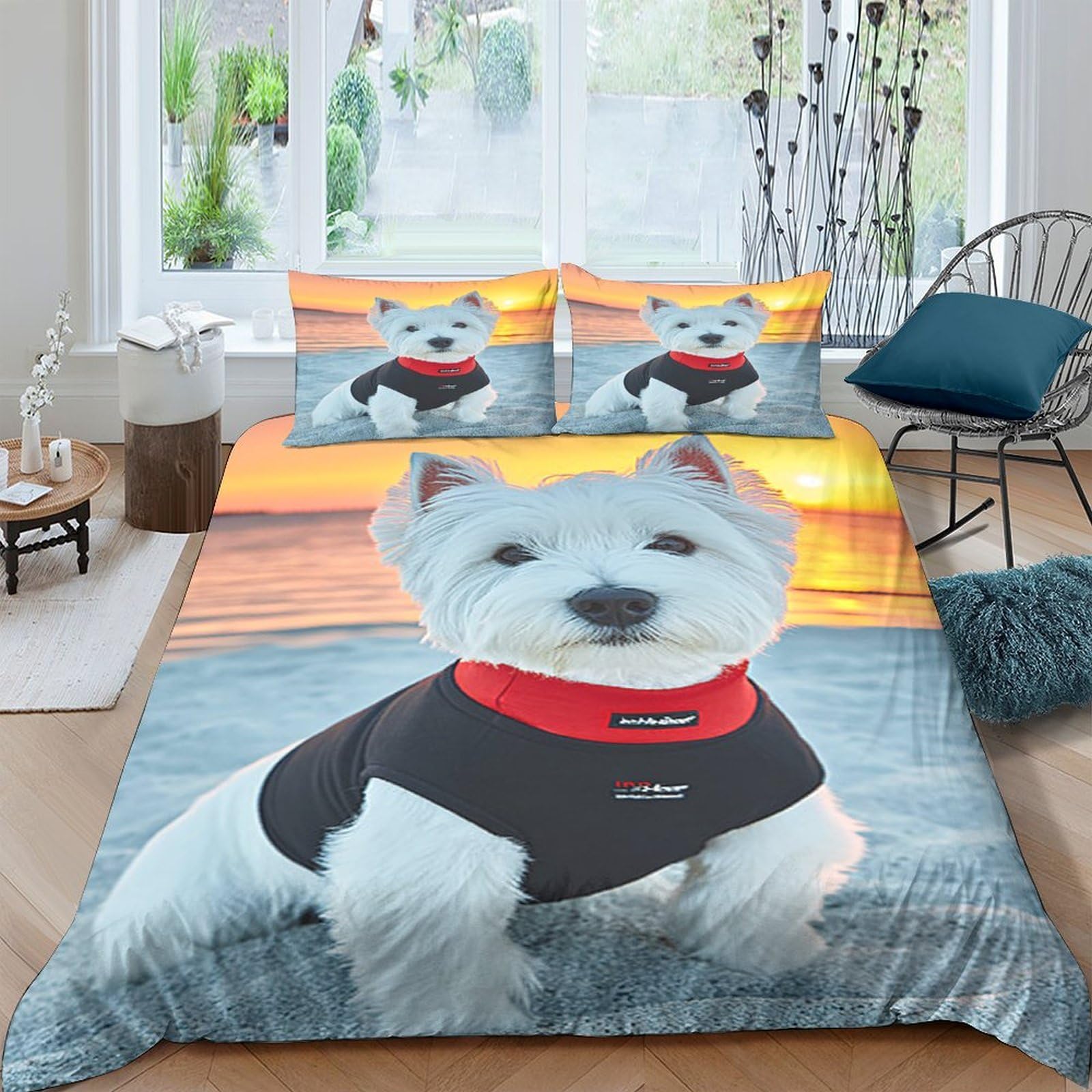 Ctjqhvkz Style-6 3D Printed White Westie Dog Fitted Sheet Microfiber Soft Orange Sunset Bed Cover Anti-Slip Washable For Bedroom Guest Room Single（135X200cm）