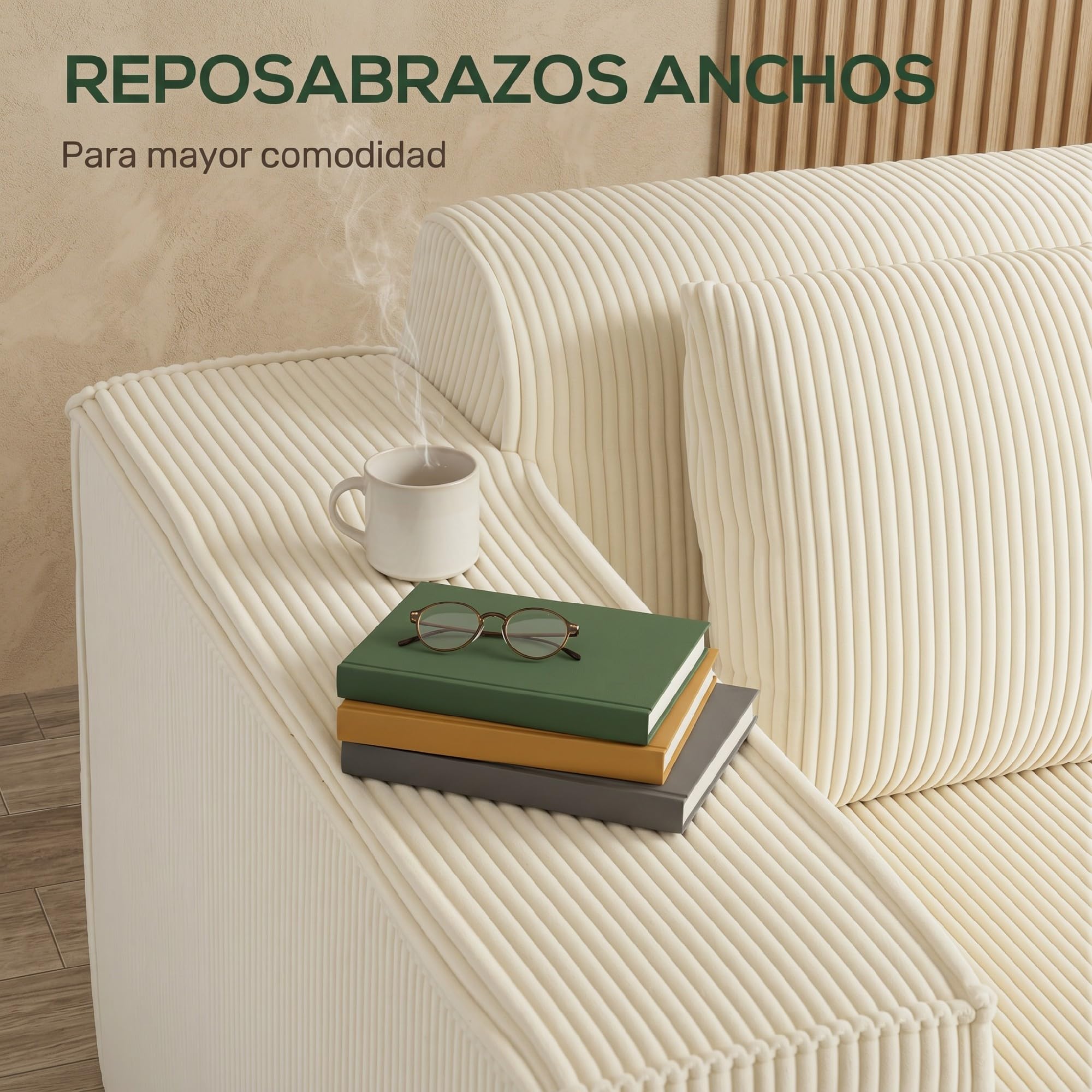 HOMCOM Sofá de 3 Plazas con Acolchado Grueso en Pana 202x90x76 cm Beige | Sofá de Salón, Asiento Extra Profundo, Reposabrazos Anchos, 2 Almohadas