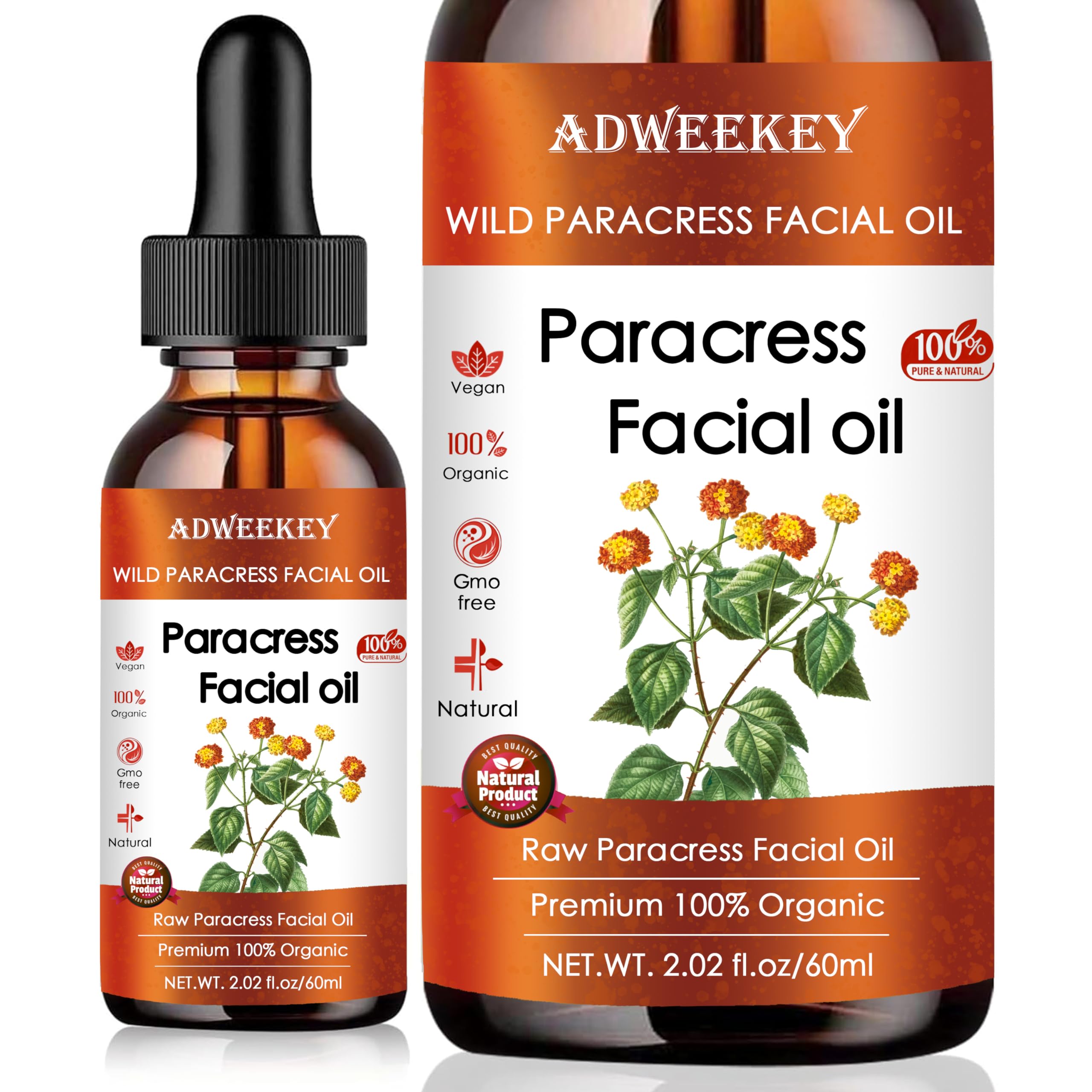 100% Pure Organic Paracress Facial Oil - Anti-Aging Moisturizing Essential with Spilanthes Acmella Oleracea Flower & MCT Oil for Wrinkle Reduction, Hydration, Brightening, and Skin Glow 2.02 fl.oz