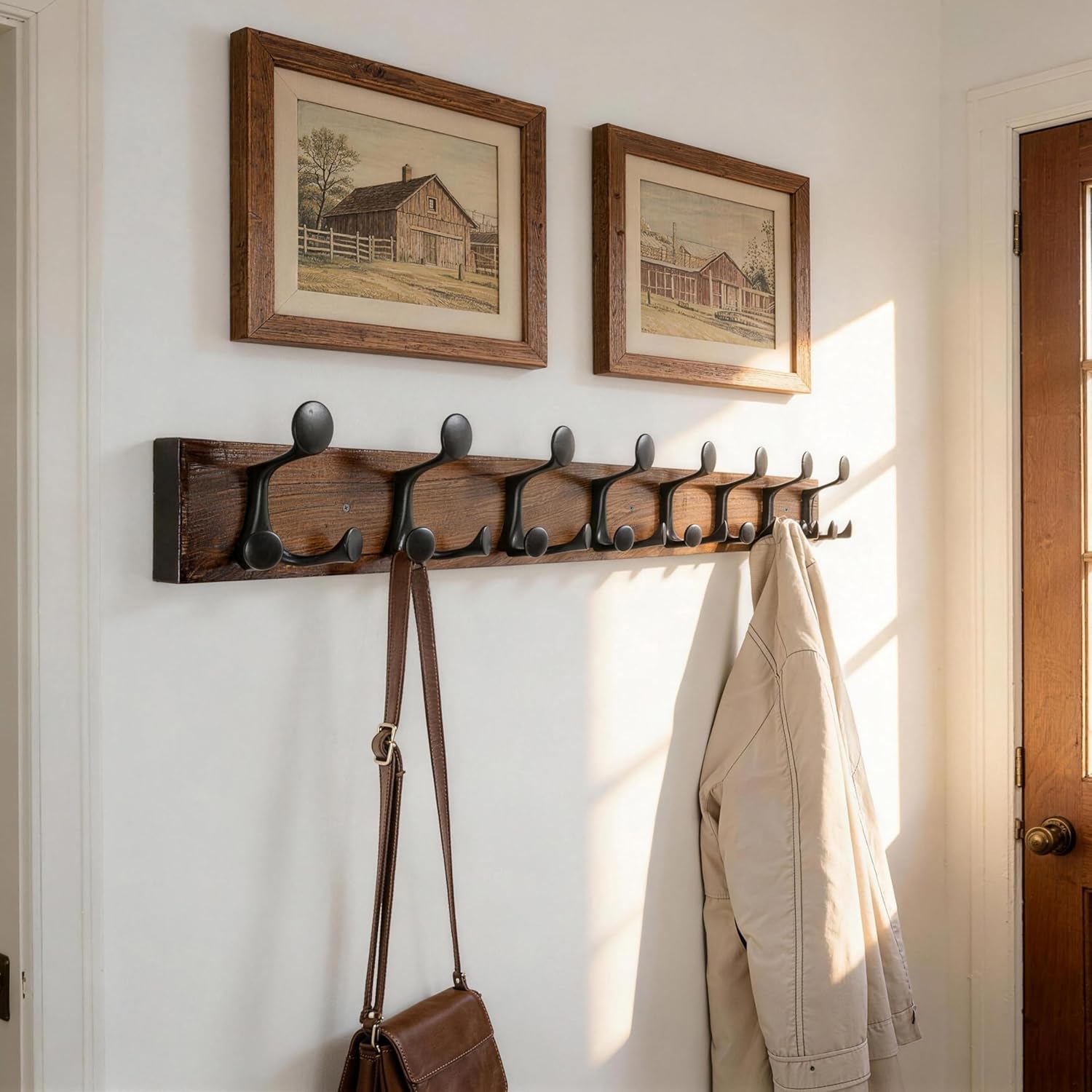 SKOLOO 43-Inch Walnut Wood Coat Rack Wall Mount with 8 Triple Hooks - Ideal for Family Entrances, Classrooms, and Pet Supplies Storage - Perfect Coat Hooks for Wall