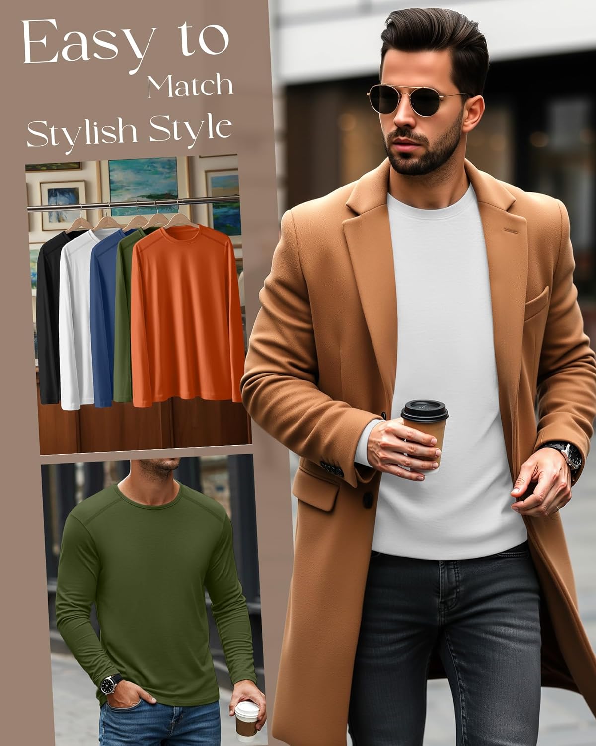 5 Pack Men's Big and Tall Shirts, Long Sleeve Tees Solid Casual Basic Tops Soft Crew Neck T Shirts - Image 2