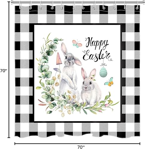 Miniatura 7 de SCECALA Easter Shower Curtain for Bathroom Spring Rabbit Plant Leaves Bathroom Curtain Black and White Plaid Bathroom Decor with Hooks 70x70 Inch