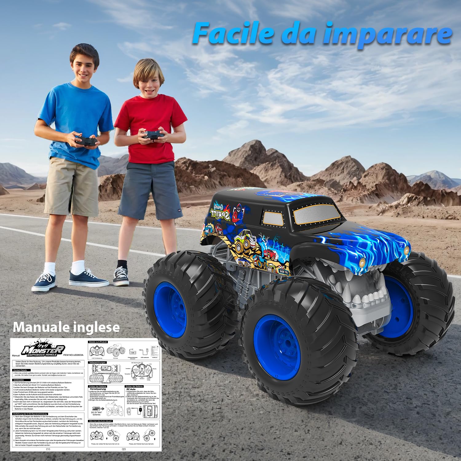 Monster Truck Telecomandato, 1:16 Macchina Telecomandata per Bambini con Luci, 360° Rotazioni, Camminare in posizione eretta/a testa in giù, Macchine Telecomandate per Bambini 4, 5, 6, 8+ Anni