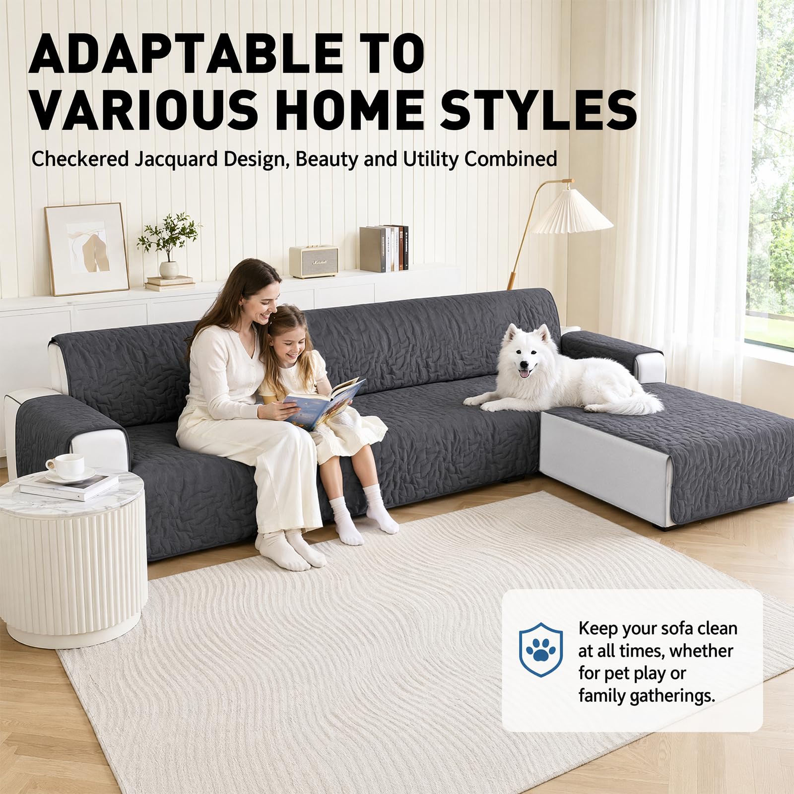 LOMUG Wasserdicht Sofabezug L Form 3 Sitzer, rutschfest Sofa Überzug Ecksofa, Ecksofa Bezug Rechts/Links Universal Reversibel, Sofa Überzug L Form Mit Armlehne, Für Hund Katze, Dunkelgrau