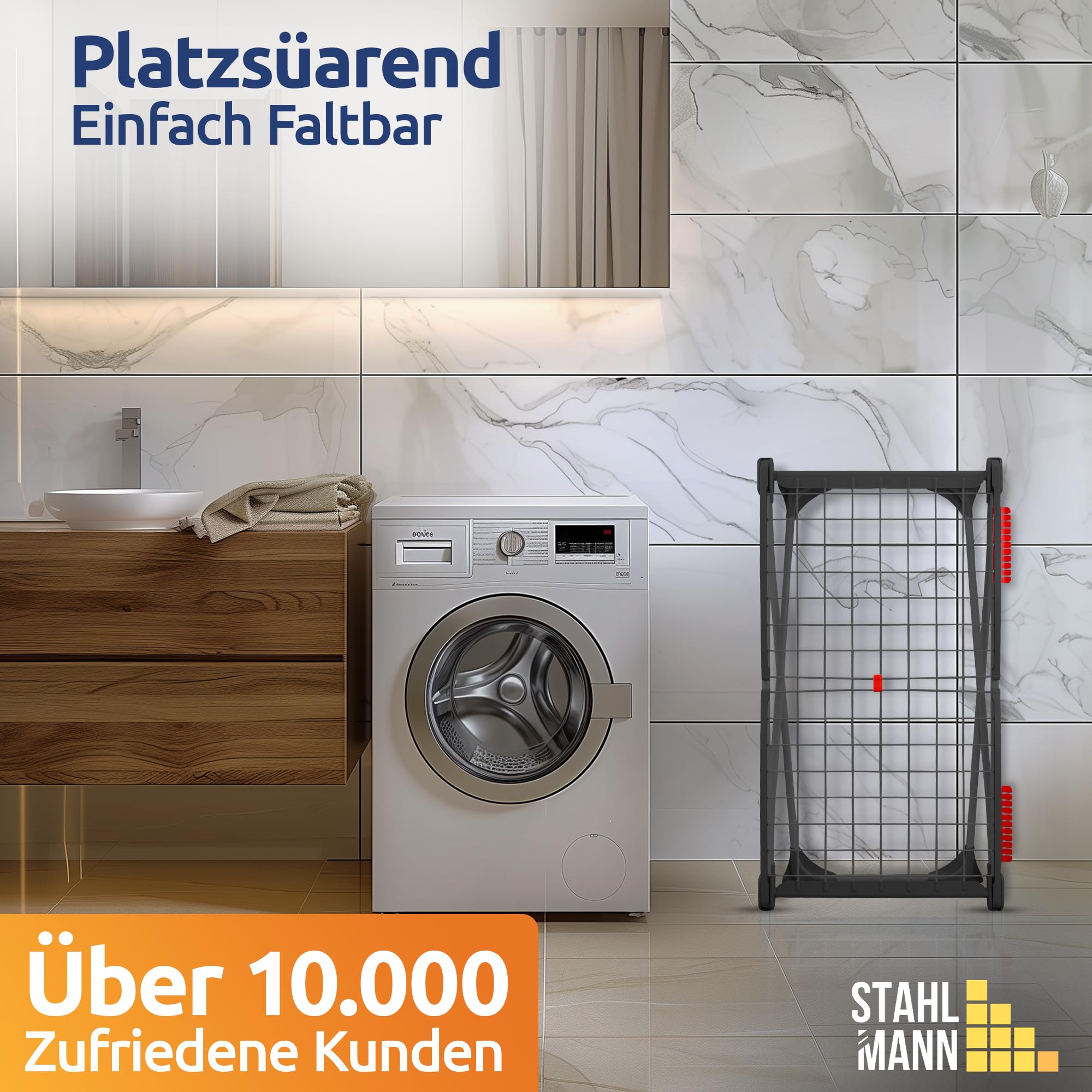 STAHLMANN ® Wäscheständer Schwarz [18M Trockenfläche ] - Flügelwäscheständer [Made IN EU] 1,05 M Flügel ideal für Lange Kleidungsstücke - Wäscheständer platzsparend