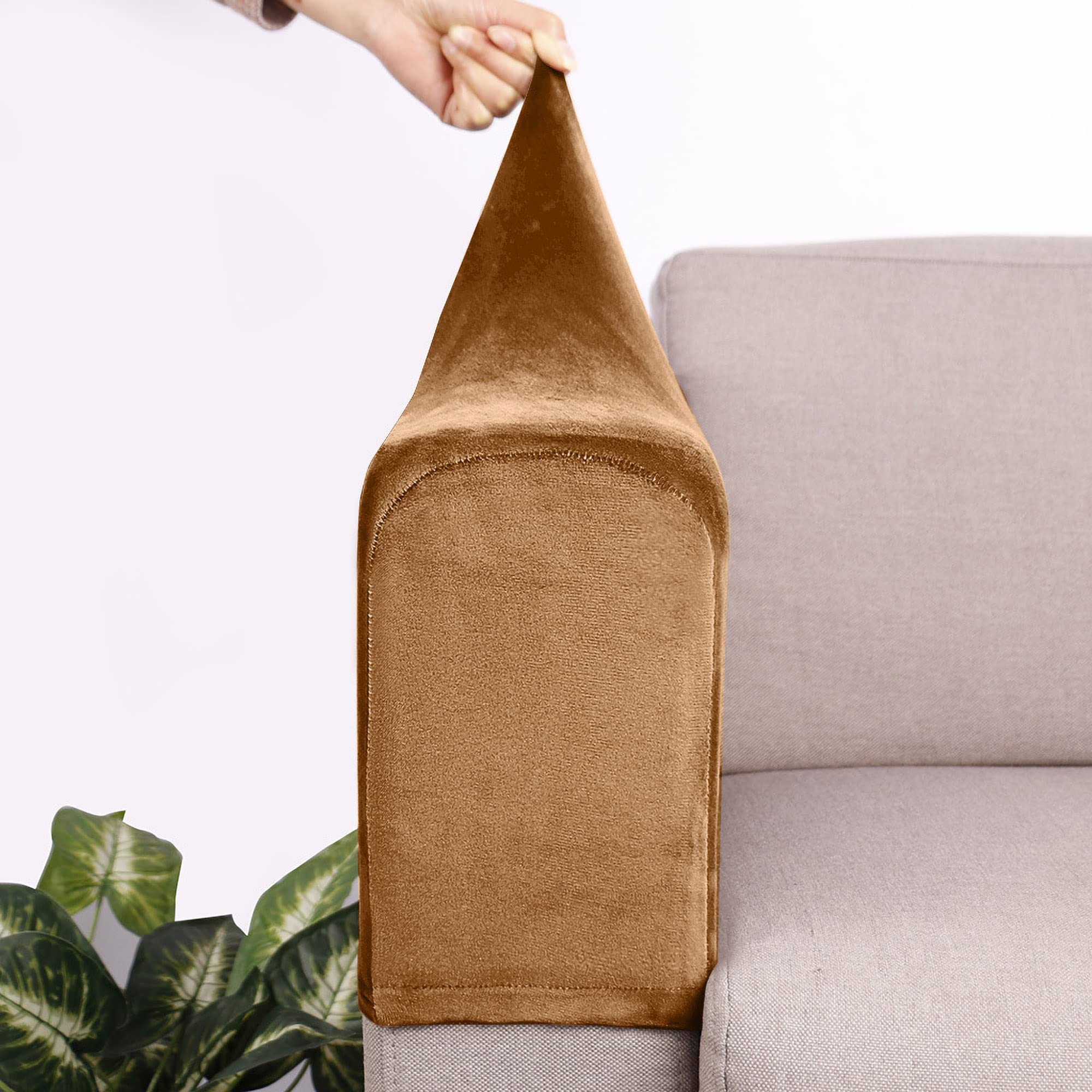 Set of 2 Spandex Armrest Covers Anti-Slip Couch Arm Covers Thick Velvet Armchair Slipcovers Removable Armchair Covers for Sofas Recliner Chairs Office,Camel