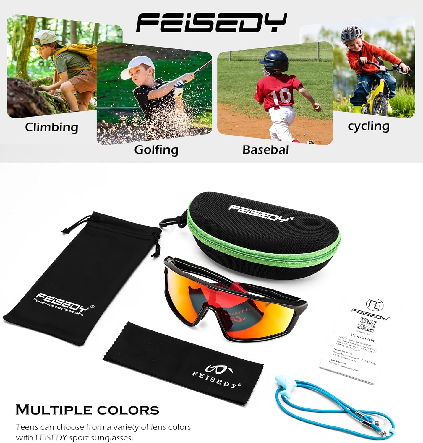 FEISEDY Kids Teens Baseball Polarized Sunglasses Lightweight TR90 Frame UV400 Sports Cycling Shades for Boys Girls B0186