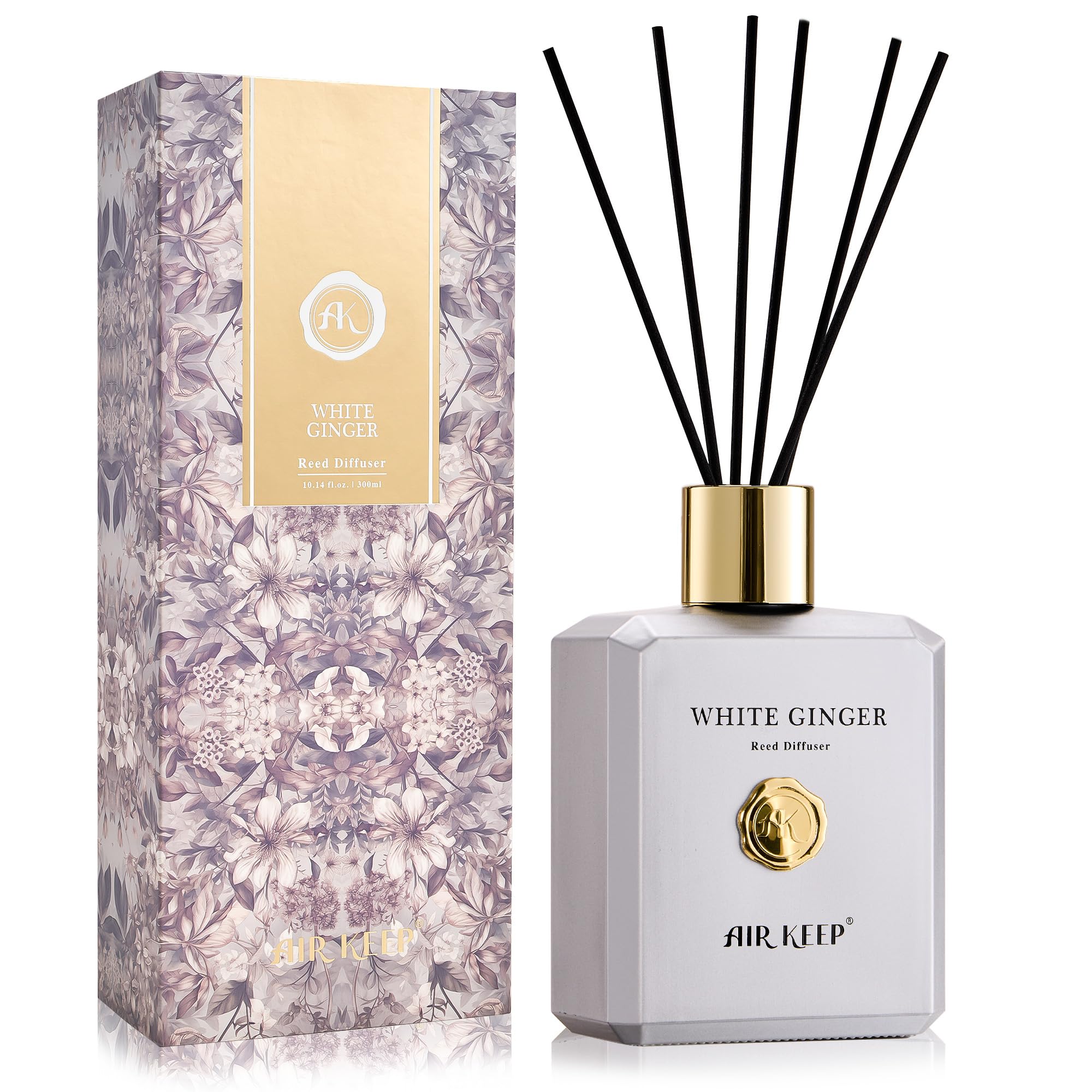 Airkeep Reed Diffuser Set -10.15 oz(300ml) White Ginger Fragrance Diffuser, Luxury Aromatherapy Reed Diffuser, Scented Oil Diffuser with Reed Sticks for Home&Office Decor, Fragrance and Gifts