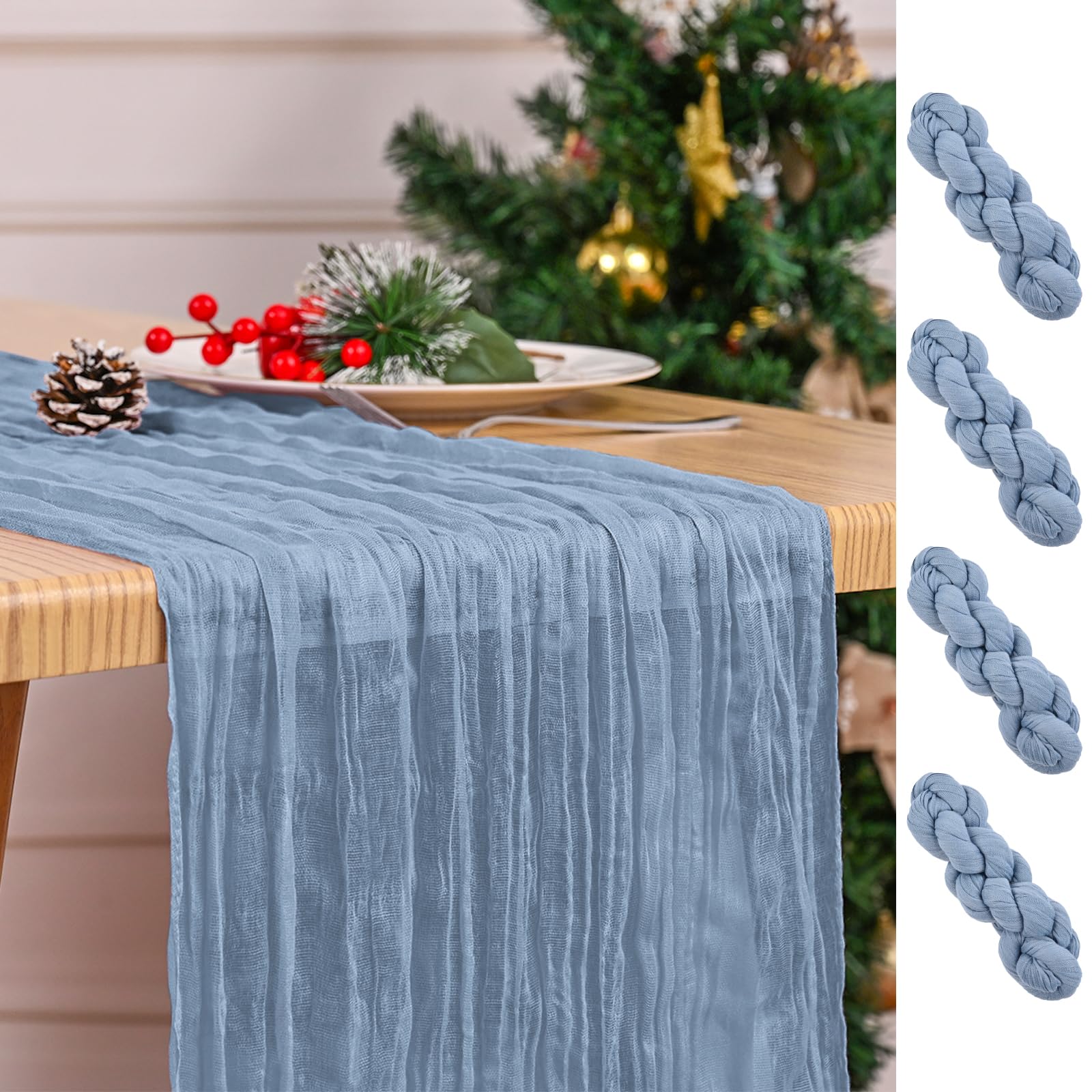4 Pack Dusty Blue Table Runner 17 x 108inch Cheesecloth Table Runner Boho Gauze Table Runners Romantic Rustic Sheer Fabric Cheese Cloth Table Runners for Wedding Party Bridal Shower Spring Table Decor
