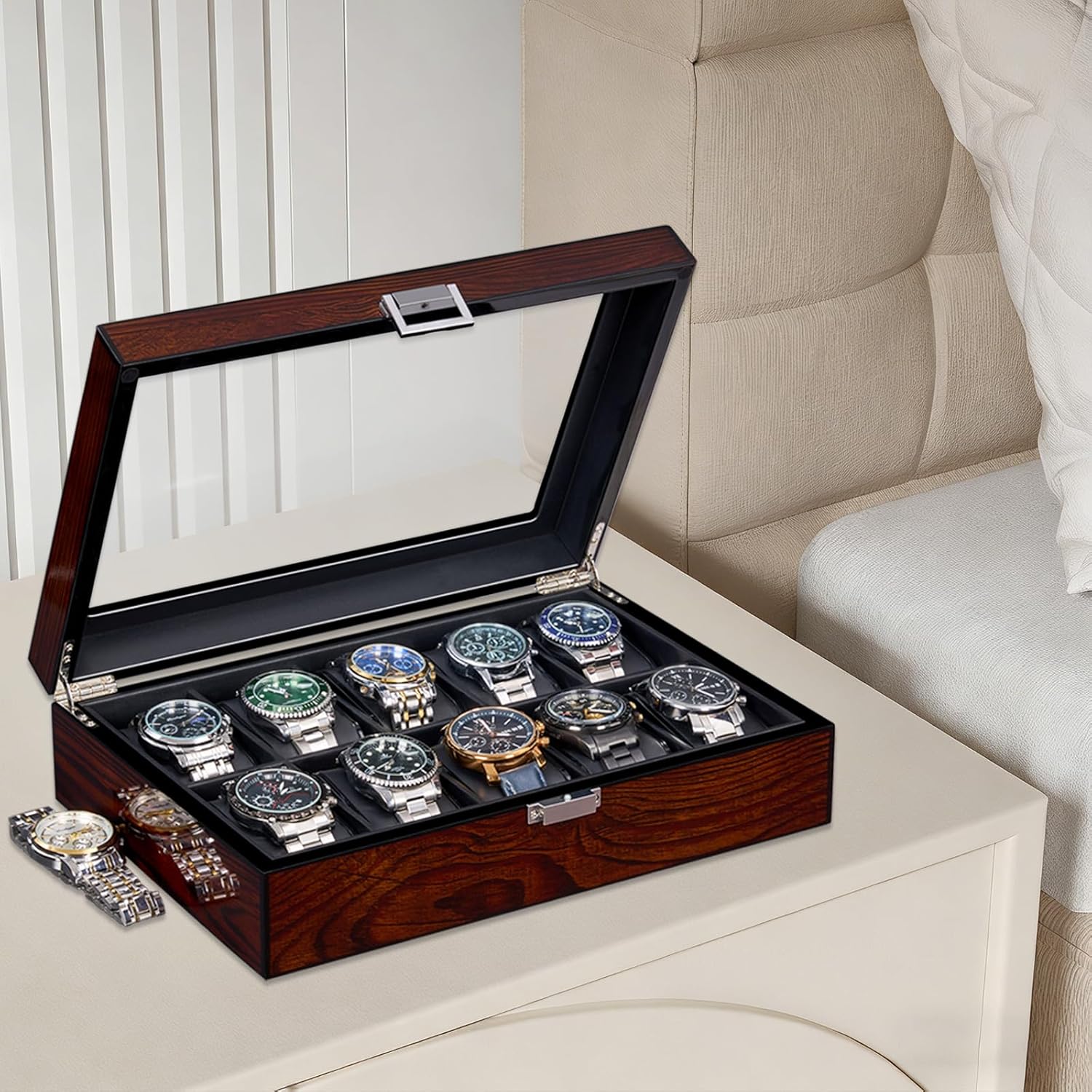 BEWISHOME Watch Case, 10-Slot Watch Box with Large Glass Lid, Wooden Watch Box Organizer for Men, Watch Storage with Removable Watch Pillows, Synthetic Leather Interior, Brown SSH10Y