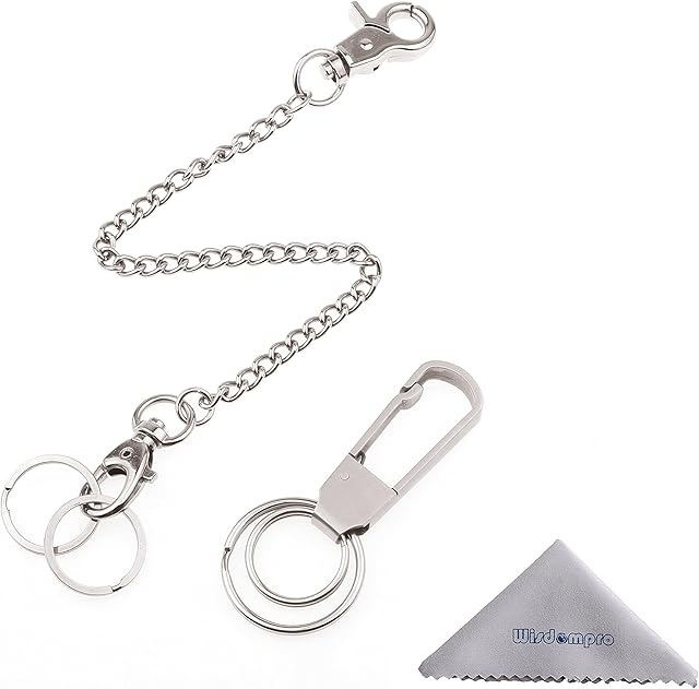 wisdompro Keychain, 2 Pack Heavy Duty Keychain (One 8 Inch Pocket Keychain for Keys & Wallets and One Stainless Steel Key-Clips with Belt Hook)