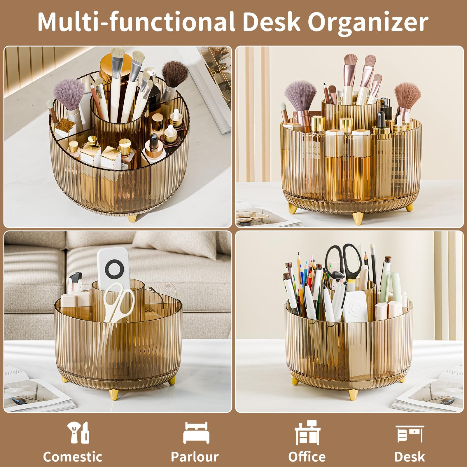 fanado 360° Rotating Makeup Organiser, Makeup Brush Holder, 5 Compartment Makeup and Skincare Storage for Vanity Desktop - Image 4