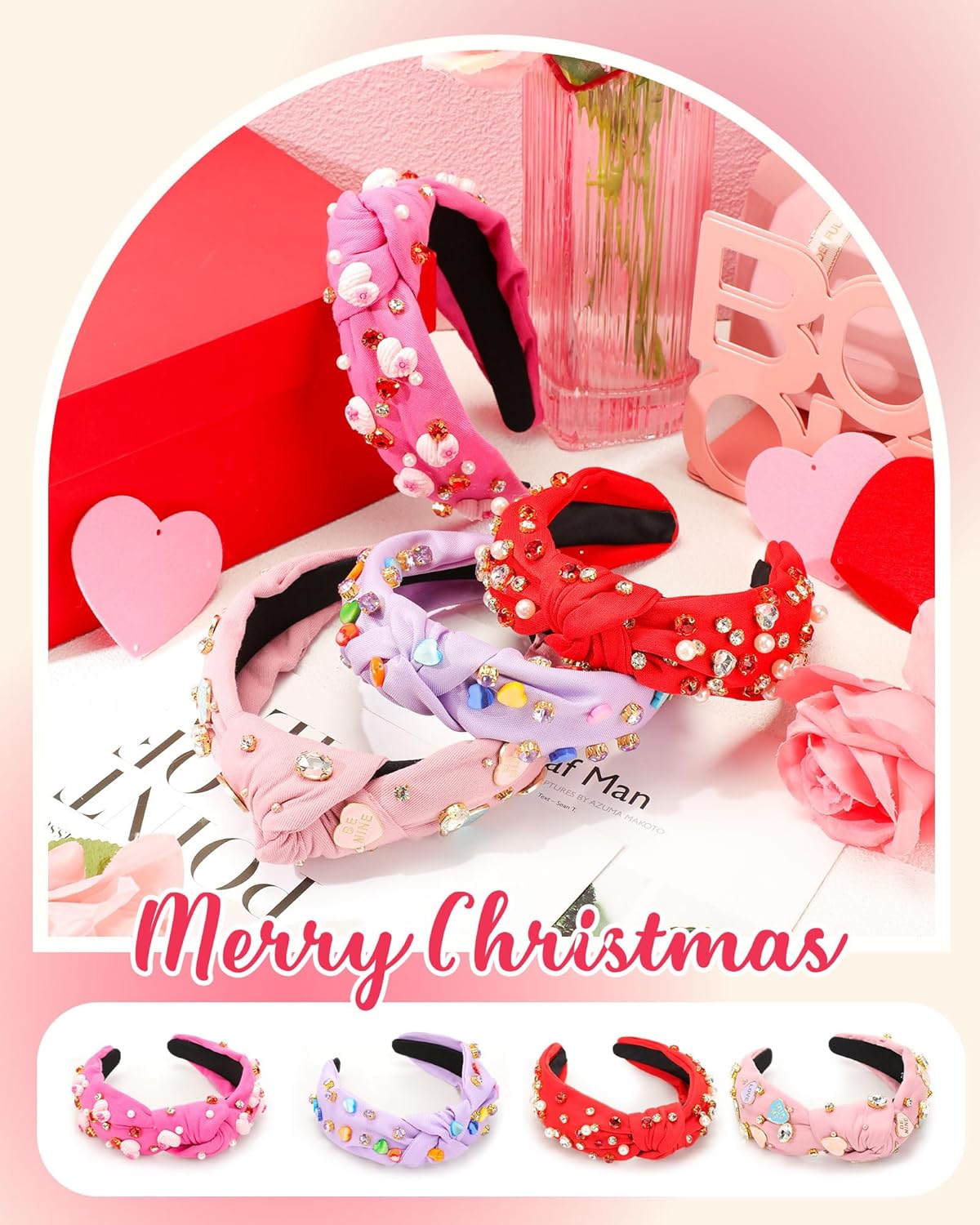 4 Pack Valentine's Day Knotted Headbands for Women - Pink Gemstone Fashion Headbands for Gift Party Head Accessories - Image 5