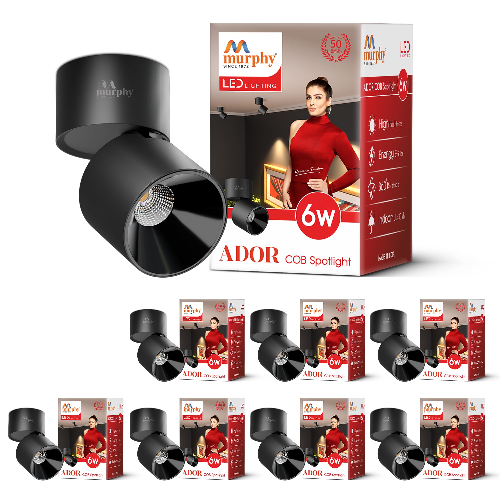 Murphy Ador 6W LED Surface COB Spot Light | Warm White 3000K | 360° Rotatable & 90° Adjustable | Aluminium Body | Black Reflector | BIS Approved | 100 lm/W | 2 Year Warranty | Pack of 8