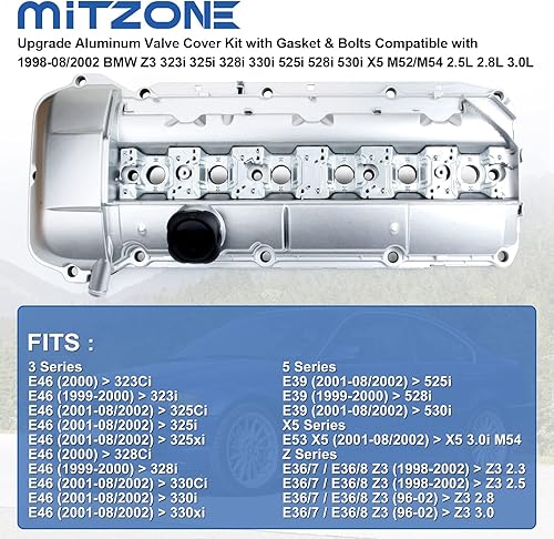 Miniatura 2 de MITZONE Kit de cubierta de válvula de aluminio mejorado compatible con BMW Z3 323i 328i 330i 525i 330i 528i 528i 530i X5 M52M54 2.5L 2.8L 3.0L parte