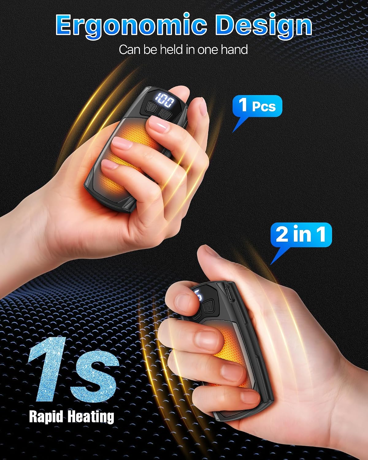 Kesguar Hand Warmers Rechargeable 2 Pack - 6000mAh Electric AI Handwarmers, LED Display & 5-Level Heating, 20Hrs Long Lasting, 2-in-1 Portable Heater, Gifts for Men/Women/Golf/Hunting