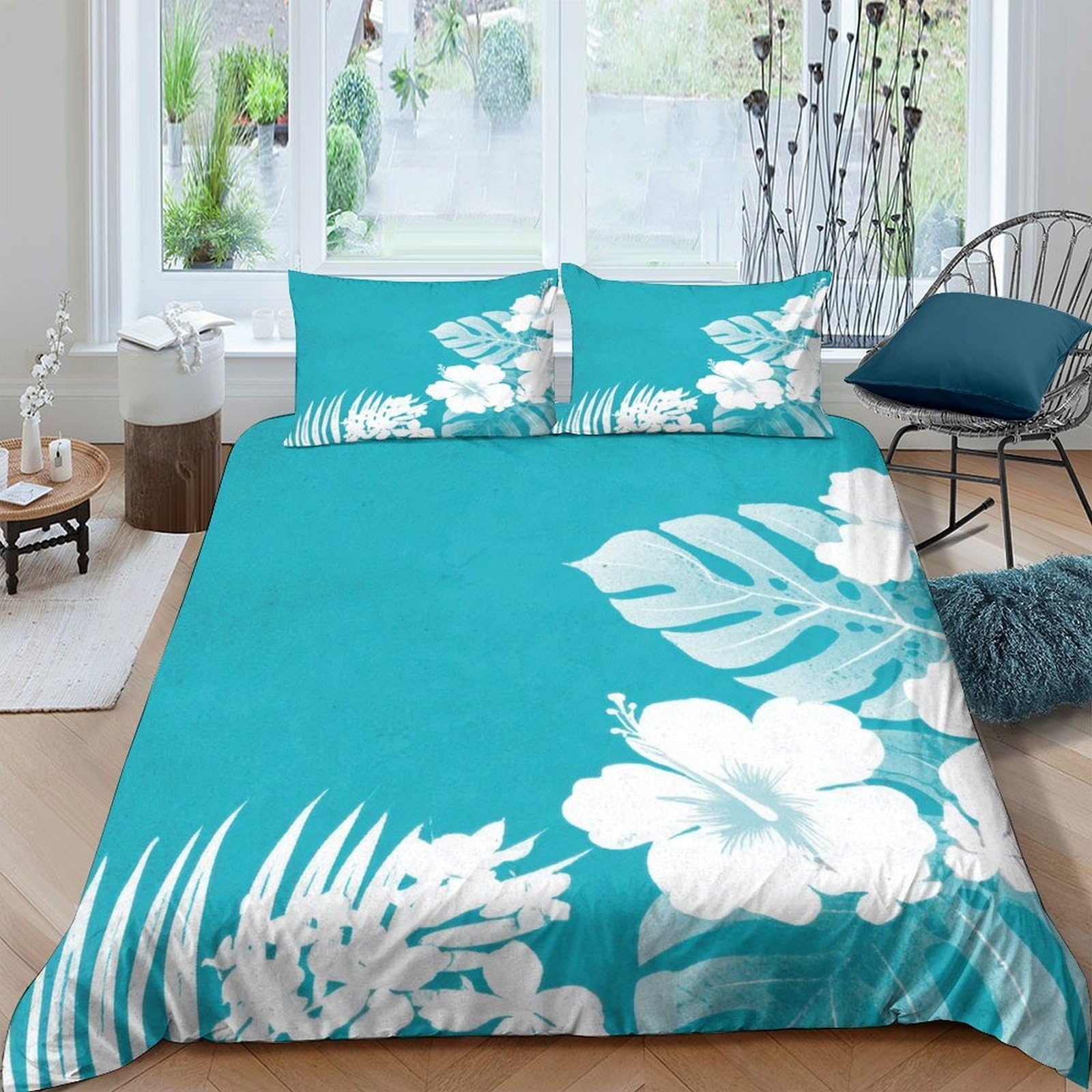 Ctjqhvkz Style-6 3D Printed Tropical Hibiscus Fitted Sheet Microfiber Soft Aqua Leaf Bed Sheet Non-Slip Bedroom Decor Mattress Cover Single（135X200cm）