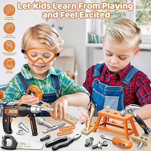 Miniatura 2 de OCHIDO Juego de herramientas para niños con caja de herramientas y taladro de juguete electrónico, 41 piezas de herramientas para niños pequeños,