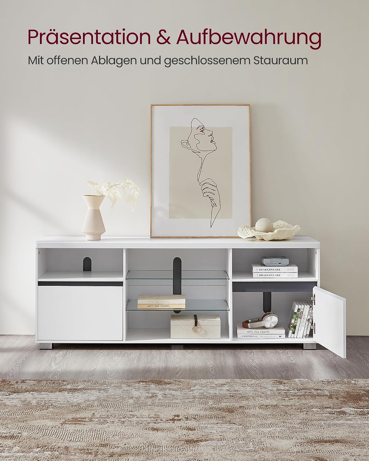 The TV cabinet with its doors open and items displayed on the open shelves, demonstrating its storage and presentation capabilities.