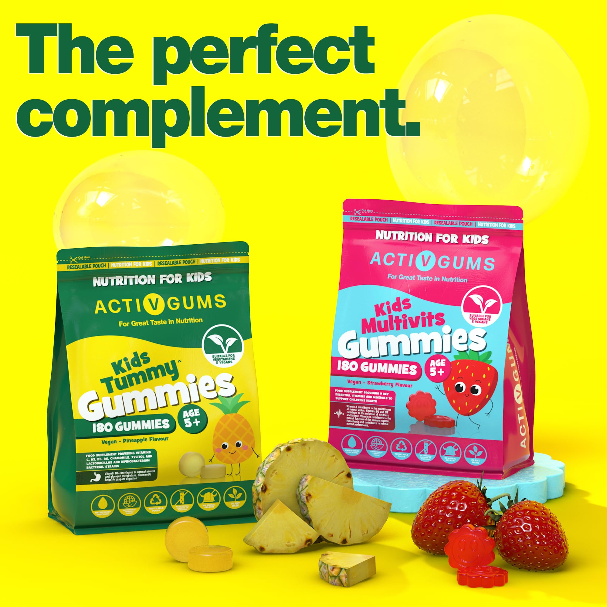 Kids Tummy 180 Vegane Gummis | Zur Unterstützung der Darmgesundheit | Vitamine C, B3, B5, B6, Kamille 1000mg, 1,125 Milliarden CFU Probiotika, Xylitol | Für Kinder ab 5 Jahren | ActivGums®