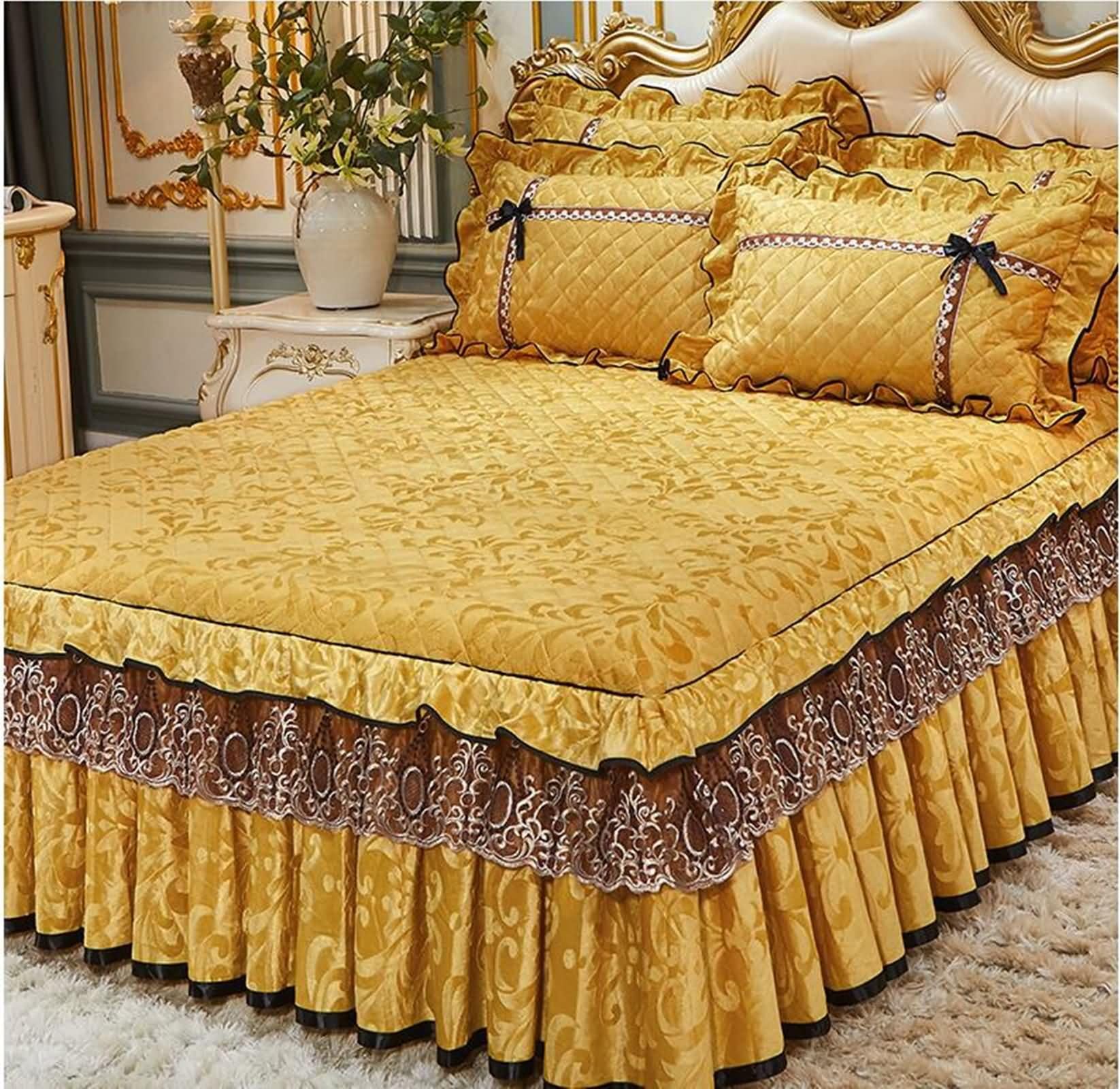 Bajera Elastica,150 x 200 CM,Colcha para Cama Matrimonio Terciopelo Patrón de Hoja con Encaje Bordado Sabanas Cama Bajeras Ajustables Amarillo