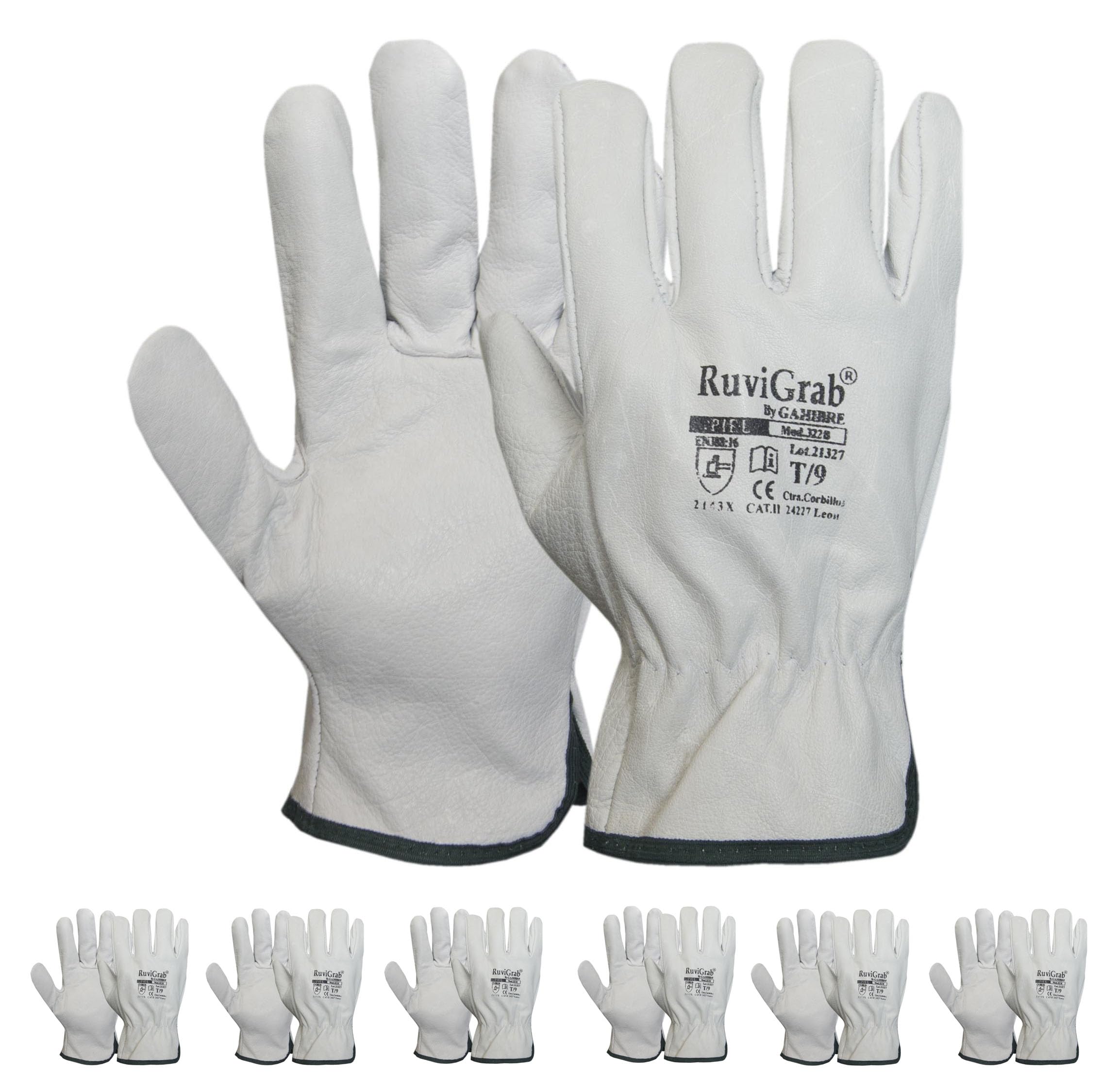 Ruvigrab - Pack 6 pares - Guante de Trabajo Piel, Guantes jardin, Guantes Cuero, Guantes para Obra, Guante trabajo hombre y mujer