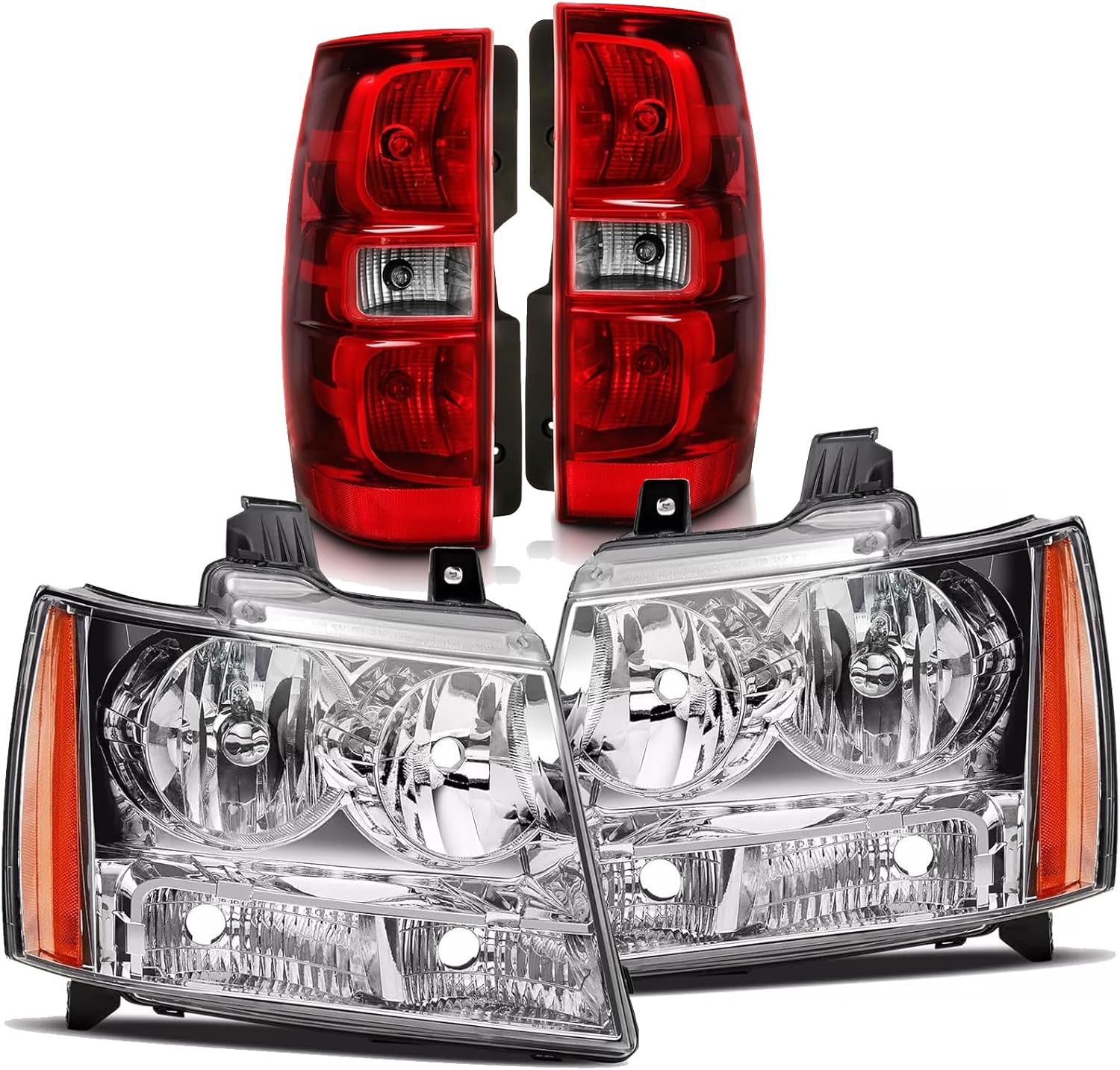 Headlights Tail Lights Combo Assembly for 2007 2008 2009 2010 2011 2012 2013 2014 Chevy Avalanche Suburban Tahoe Replacement OE Style Headlight Rear Brake Lamp, Black Clear
