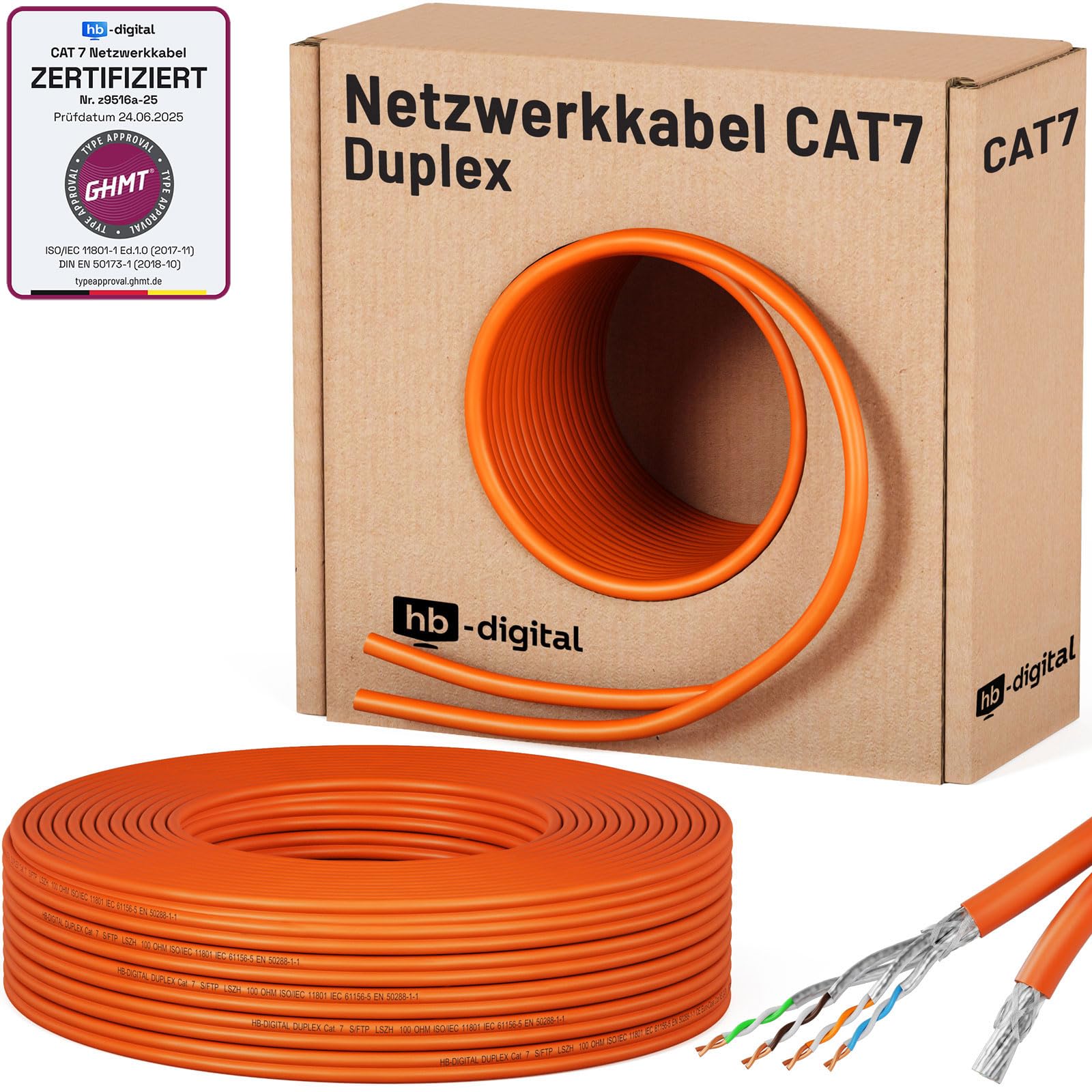 HB-Digital 25m Cavo di rete LAN Duplex Ethernet CAT.7 1000 MHz cavo lan S/FTP PIMF LSZH senza alogene RoHS compliant 10 Gbps puro rame AWG23 2 fili collegati Certificato GHMT
