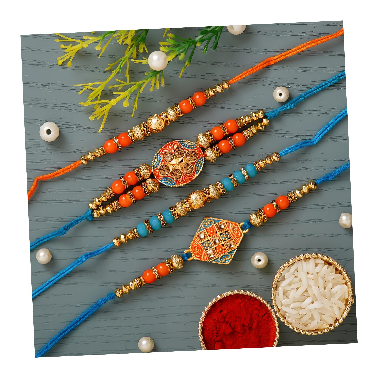 eCraftIndia Blue & Orange Set of 4 Kundan Pearl Designer Rakhis with Roli Chawal Pack - Rakhis for Brother (B0B5DLJJT5) Amazon Price History, Amazon Price Tracker