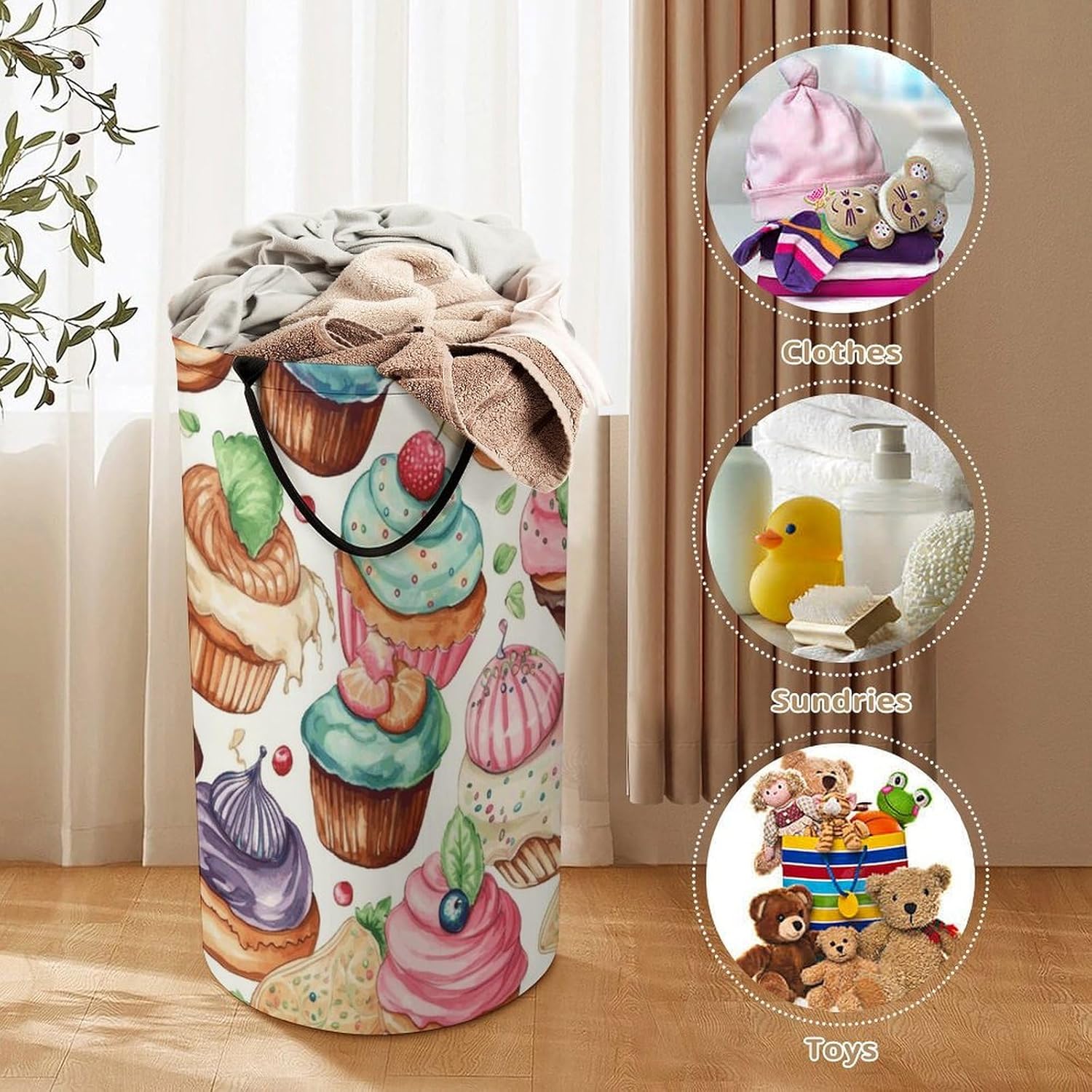 Cupcakes Donuts Muffins Sugar Laundry Hamper with Handles Waterproof Collapsible Laundry Basket Large Lightweight Round Dirty Clothes Hamper for Home Dorm Bathroom Decor