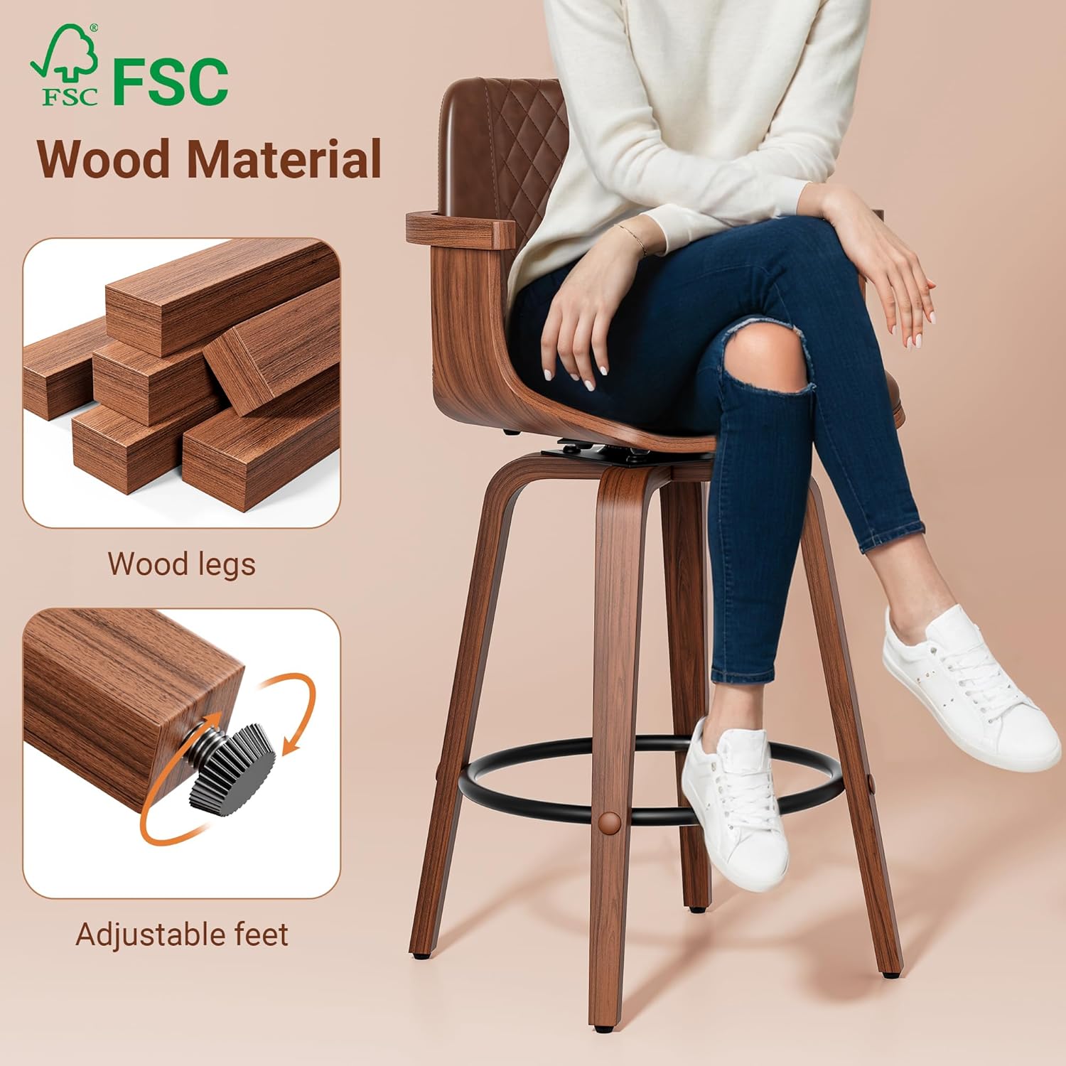 REONEY Bar Stools Set of 4, 26" Bentwood Barstools with Arms, Mid-Century Modern Counter Height Swivel Bar Chairs, PU Leather Barstools with Back & Footrest for Home Kitchen Islands Counter, Brown