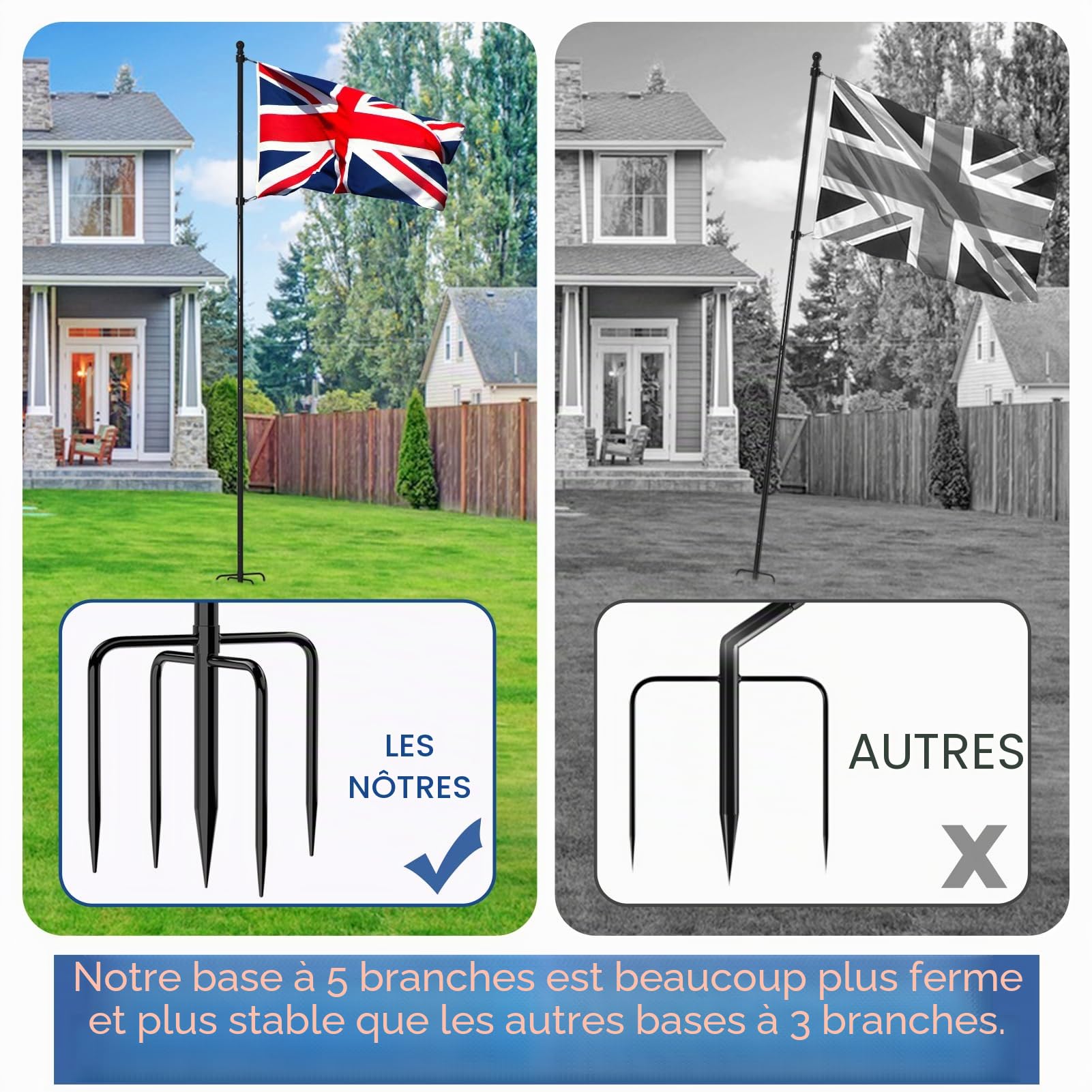 ZMTECH Mât de drapeau de 3 m pour jardin, mât robuste de 300 cm avec support à 5 griffes, kit de mât de drapeau extra épais pour extérieur (noir, sans drapeau)