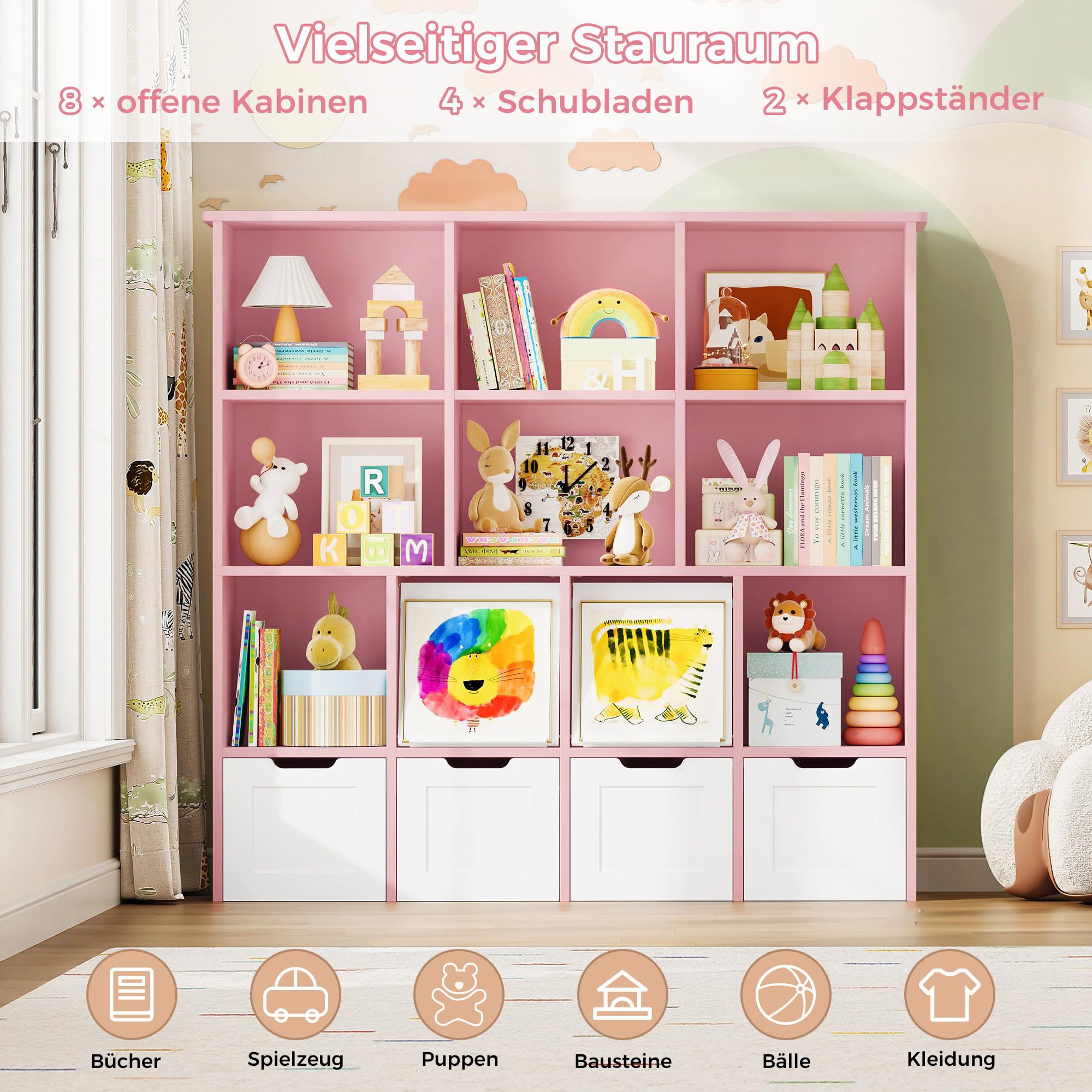 IRONCK Kinderregal Bücherregal mit verdeckte Klapptür (Rosa) | Kinderzimmer Möbel Spielzeugregl mit 4 Boxen auf Rollen, Kinder Kleiderschrank Aufbewahrungregal mit 10 Fächer