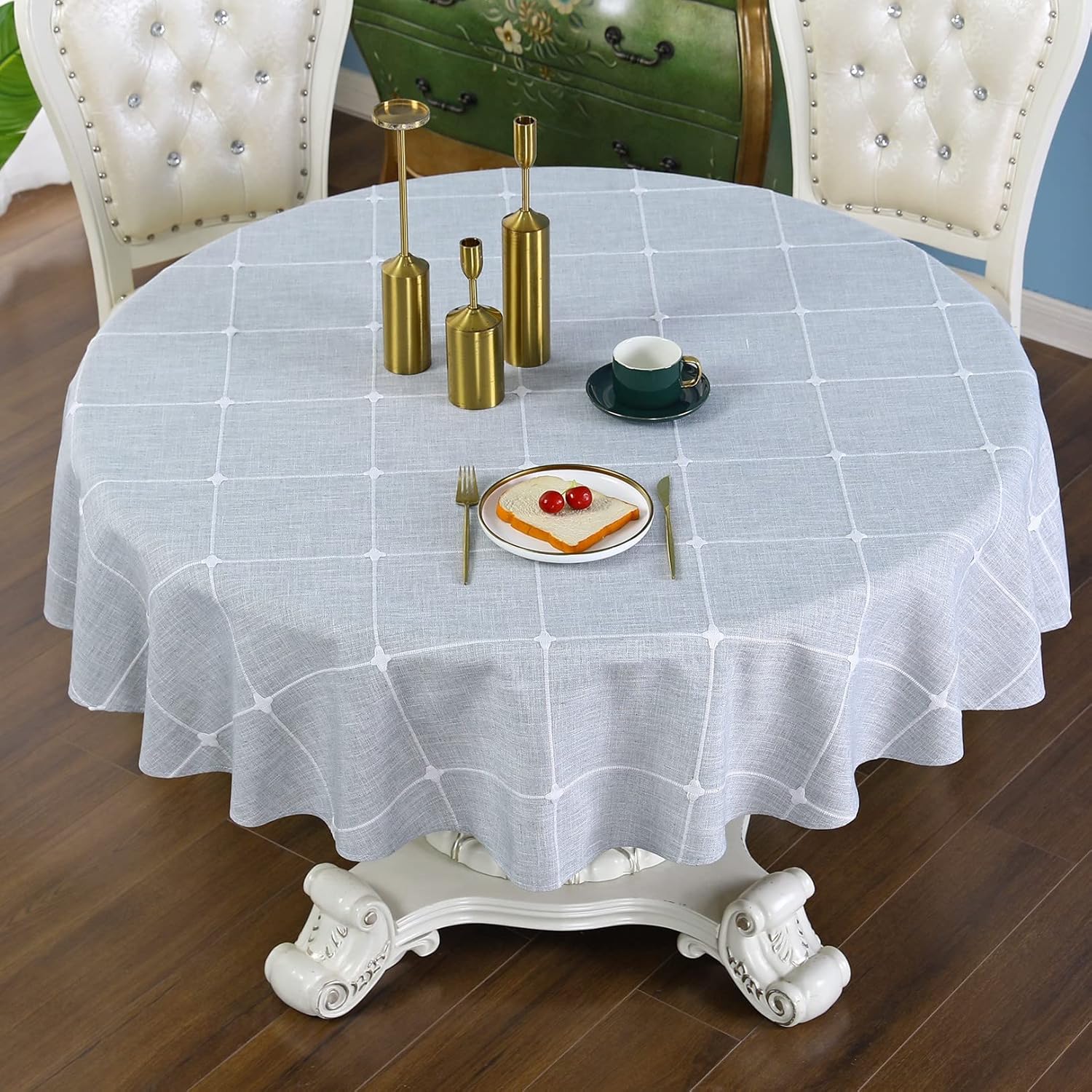 Lattice Round Tablecloth Rustic Embroidery Cotton Linen Fabric Grey Checkered Table Cover Tablecloths for Kitchen Dining Party Tabletop Decoration 60 ''