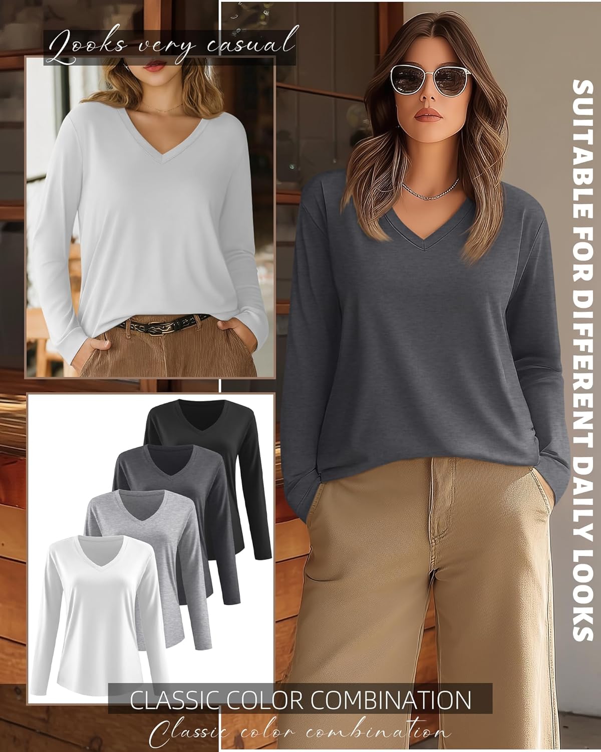 4 Pack Women's Plus Size T Shirts Long Sleeve V Neck Tops Basic Loose Fit Curved Hem Tunic Clothes - Image 4
