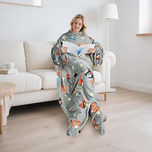 Miniatura 7 de Catalonia Manta de vellón para llevar puesta, con mangas y compartimientos para los pies, para mujeres y hombres, manta de microfelpa cómoda y