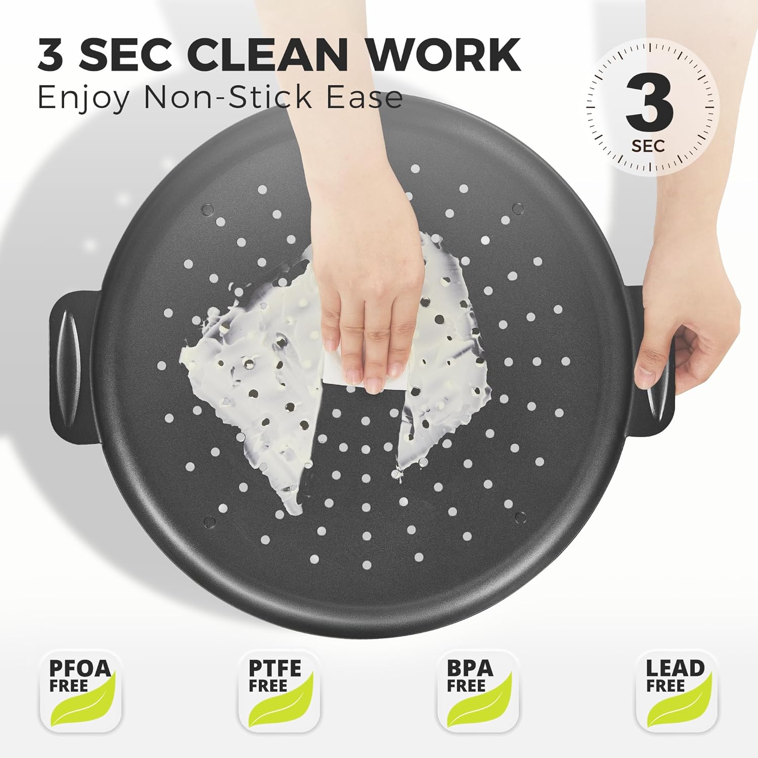 HONGBAKE 2 Pack Pizza Pan 14 Inch with Holes, Rust-Free Nonstick Pizza Pan for Oven, 0.8mm Carbon Steel Perforated Pizza Tray with Wider Handles, Round Baking Sheet for Frozen & Homemade Pizza, Grey - Image 6