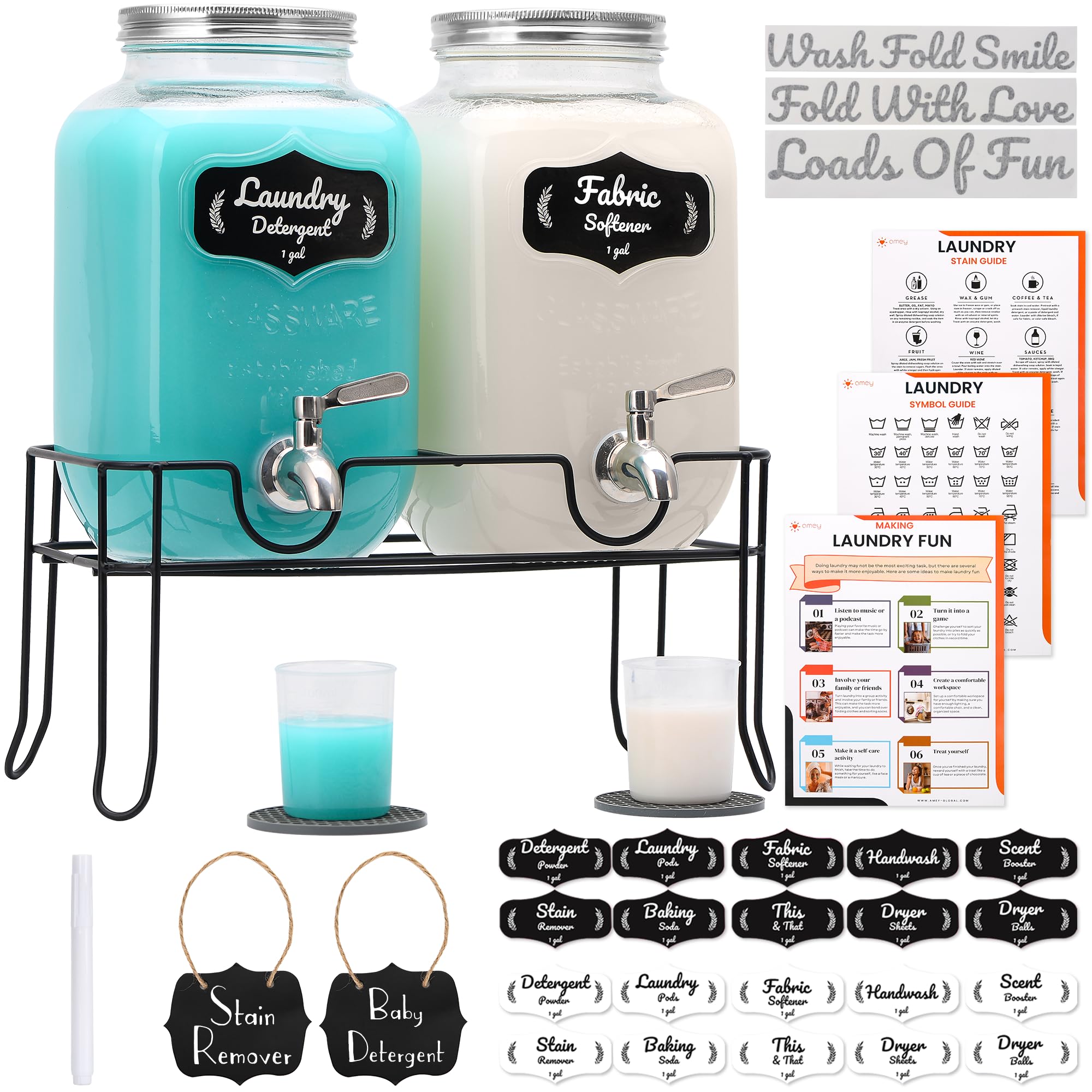 AMEY Liquid Laundry Detergent Dispenser - Two 1 Gallon Glass Laundry Containers for Soap, Fabric Softener- Decorative Laundry Room organization-22 Stickers-Stand-3 Wall Decals-Drip Mats-Spout-Chrome