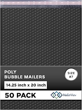 Jet Black Bubble Mailers 14.25x20 Poly Padded Envelopes #7, 50 Pack | Holds Clothing & Bulk Items, Self-Seal Closure, Cushioned Protection, Water-Resistant Poly, Bulk Pack