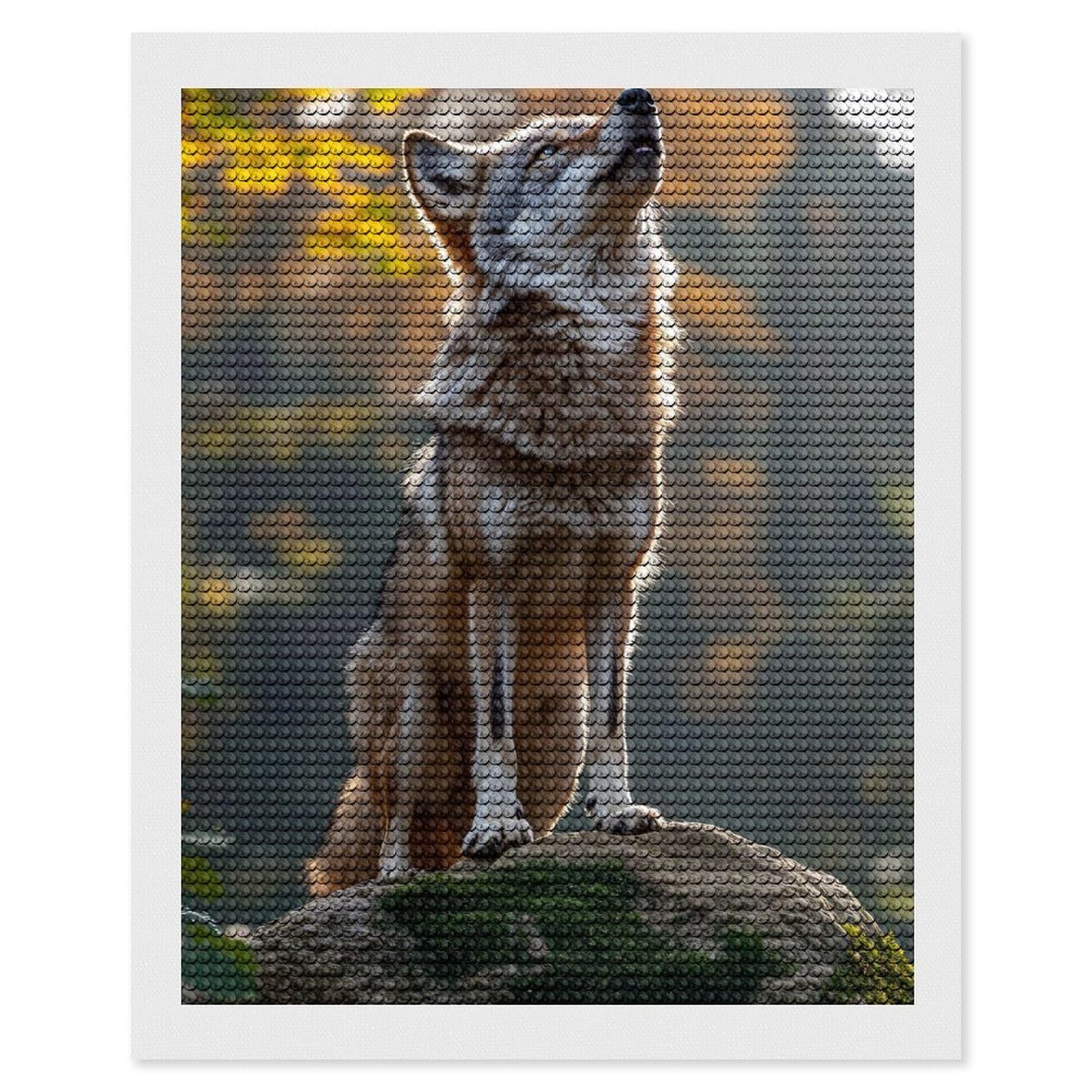 Junmoney Wolf on A Mossy Rock Diamond Painting Set 16"x20", Modern Decor, for Beginners, Printed Canvas, Thoughtful Handmade Gift, with Tool Kit