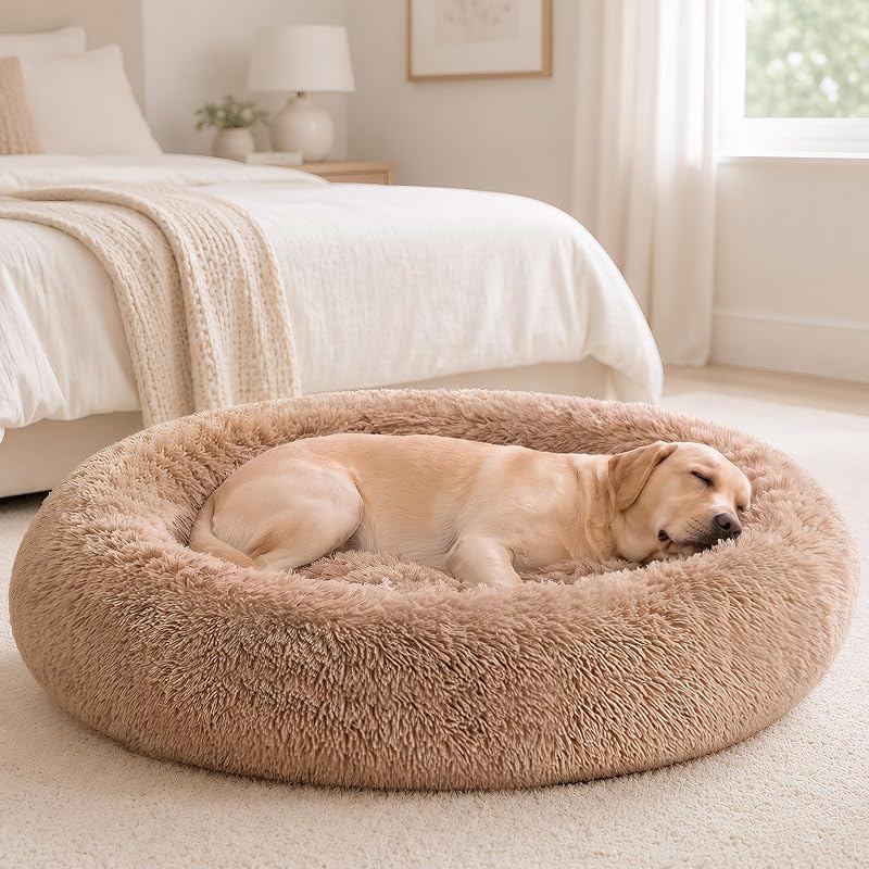 Cama Donut para Cães e Gatos Sweetcrispy em Pelúcia Macia com Fundo Antiderrapante, 95 x 95 x 17 cm