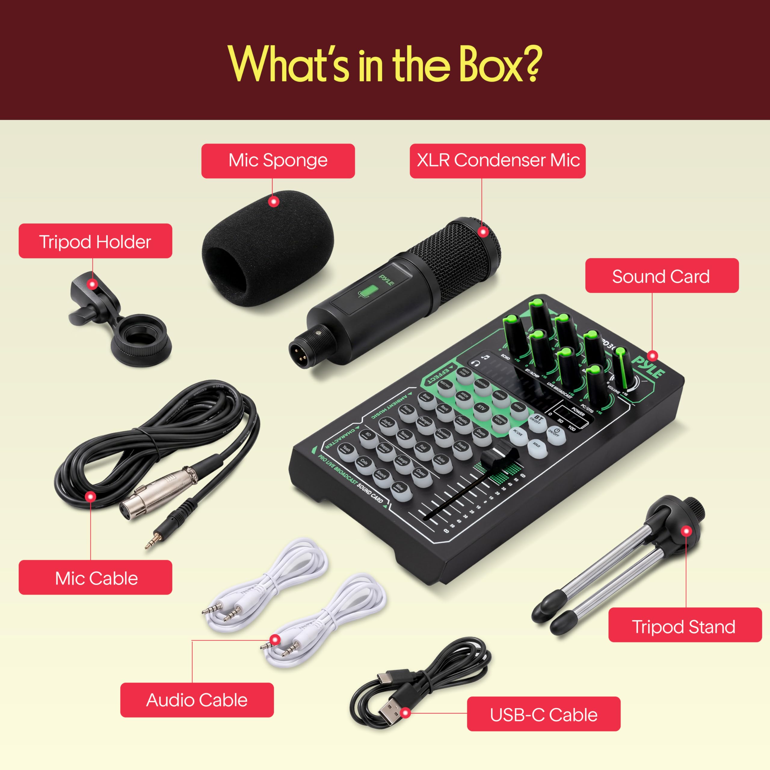 Pyle Tarjeta de sonido portátil Bluetooth para transmisión en vivo, interfaz de audio profesional, condensador mezclador de DJ con juego de micrófono, para transmisión de podcasts, estudio, grabación