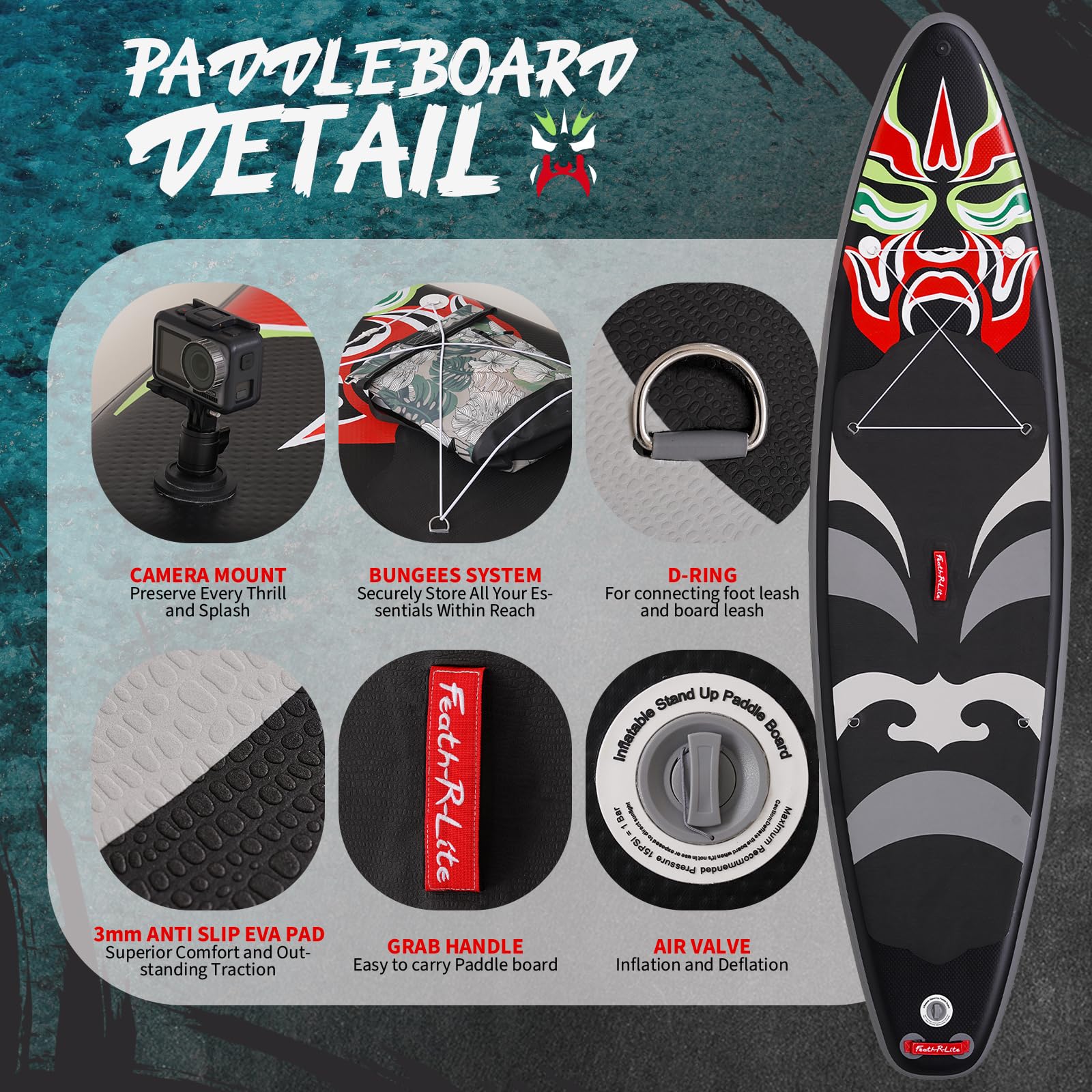 FEATH-R-LITE Aufblasbares Stand Up Paddle Board SUP mit Paddleboard Zubehör, Multifunktionale Paddle Boards Rutschfestes Deck Design für Erwachsene und Jugendliche