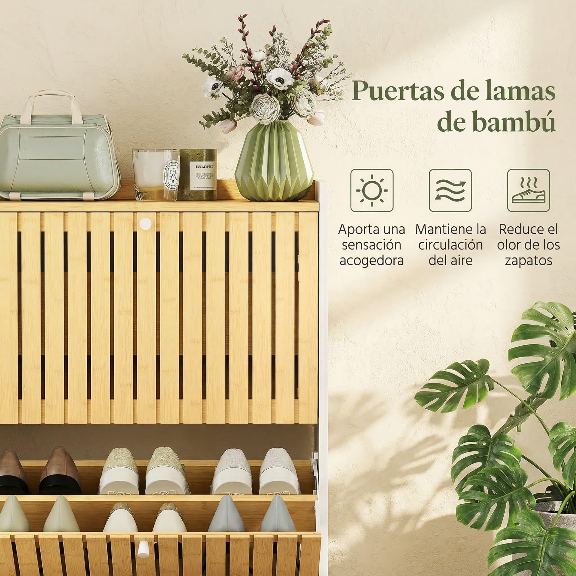 HOMCOM Zapatero Estrecho 2 Puertas de Bambú 60x24x82,5 cm Blanco y Natural | Listones, Zapatero Entrada Recibidor, Estantes Ajustables, 12 Pares de Zapatos