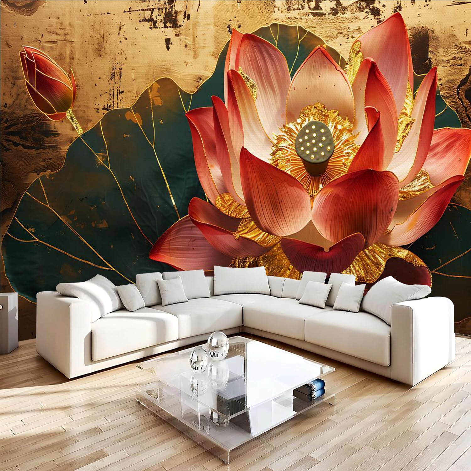 Papier peint panoramique 3D lotus 400x280 cm rétro pour mur de salon