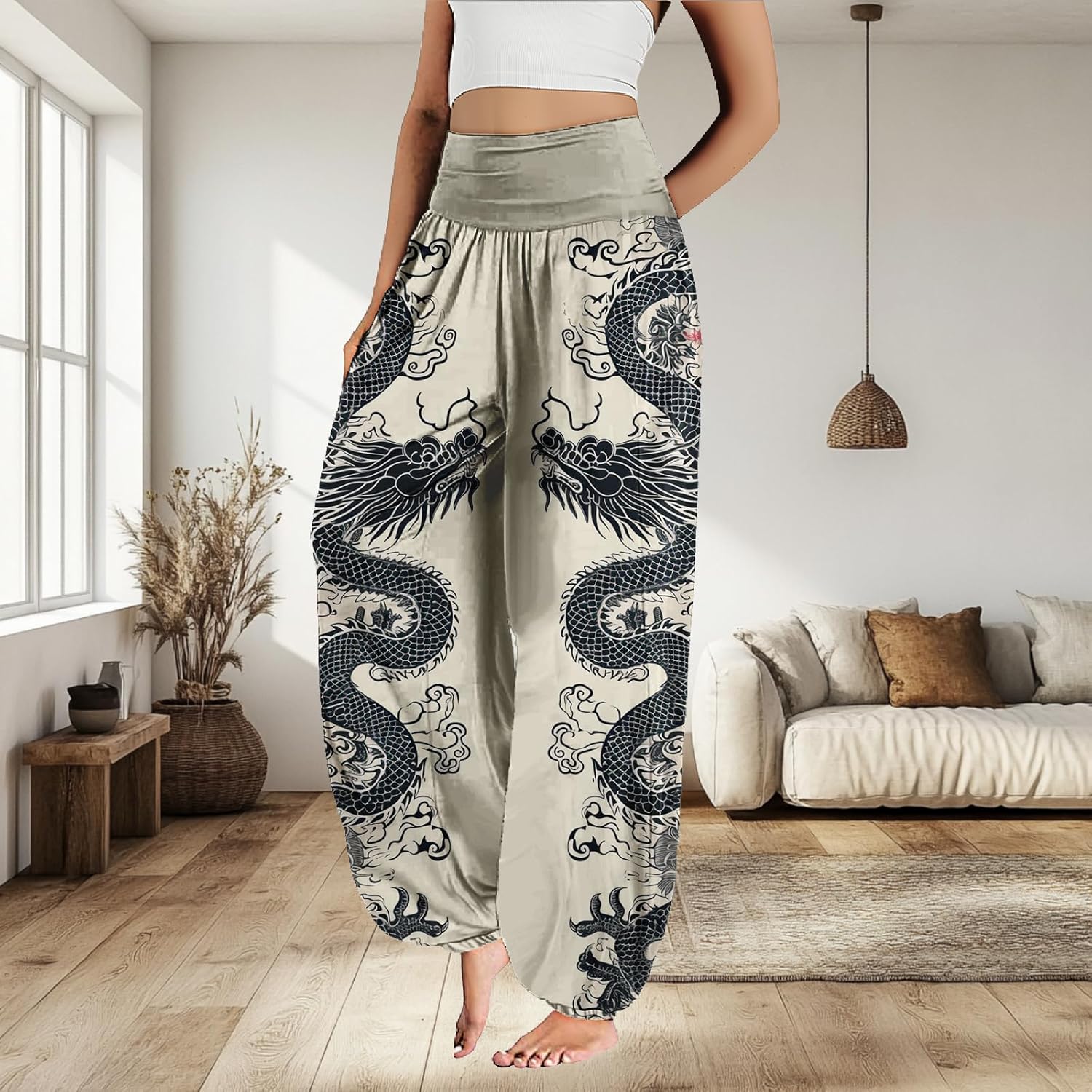 MARSVOVO Harem Pants Women Novelty Print Art Style Wide Leg Plus Size High Weist Flowy Japanese Pants - Image 2