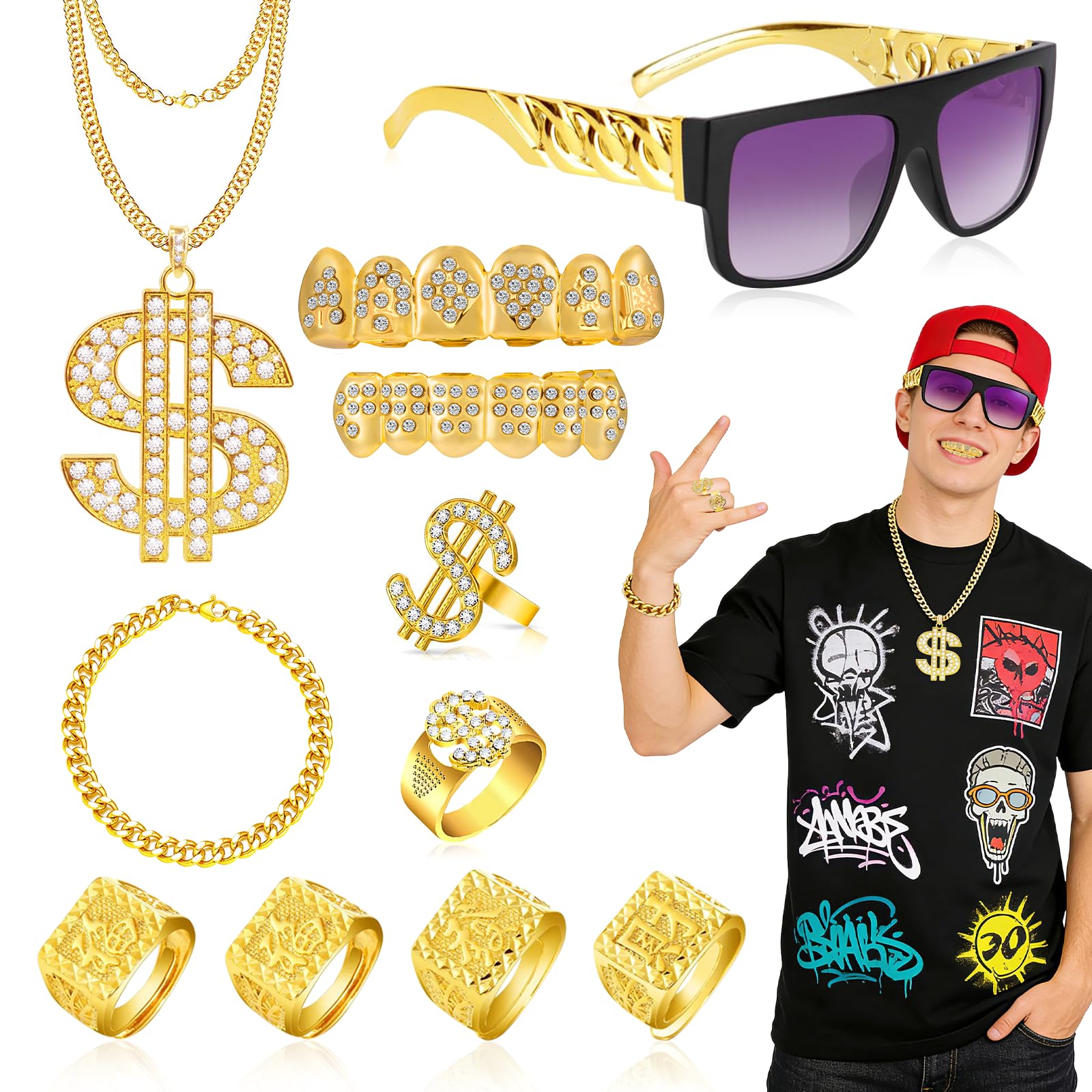 Wynlora 9Pcs Hip Hop Costume Accessories, 90s Rapper Fancy Dress Set with Dollar Sign Necklace Rings Retro Sunglasses Adjustable Rhinestone Teeth Bracelet for Women Men Disco Party