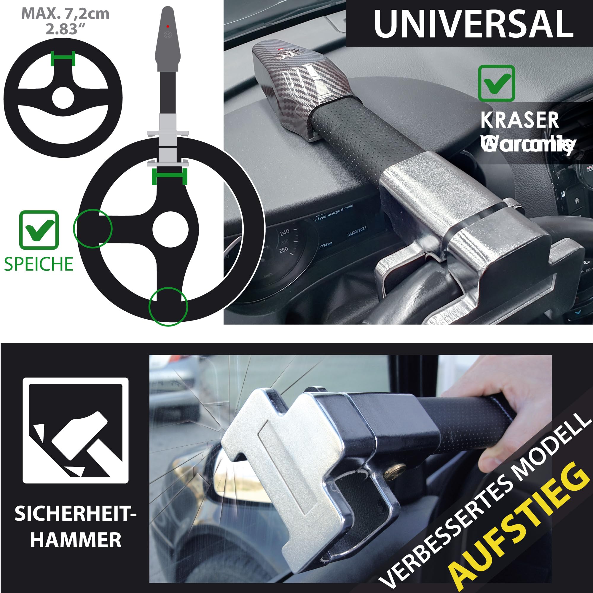 KRASER KR830 Lenkradkralle mit Alarm 120dB, Lenkradschloss Hochsicherheits, Lenkradsperre Diebstahlsicherung Universal für Auto Wohnmobil PKW
